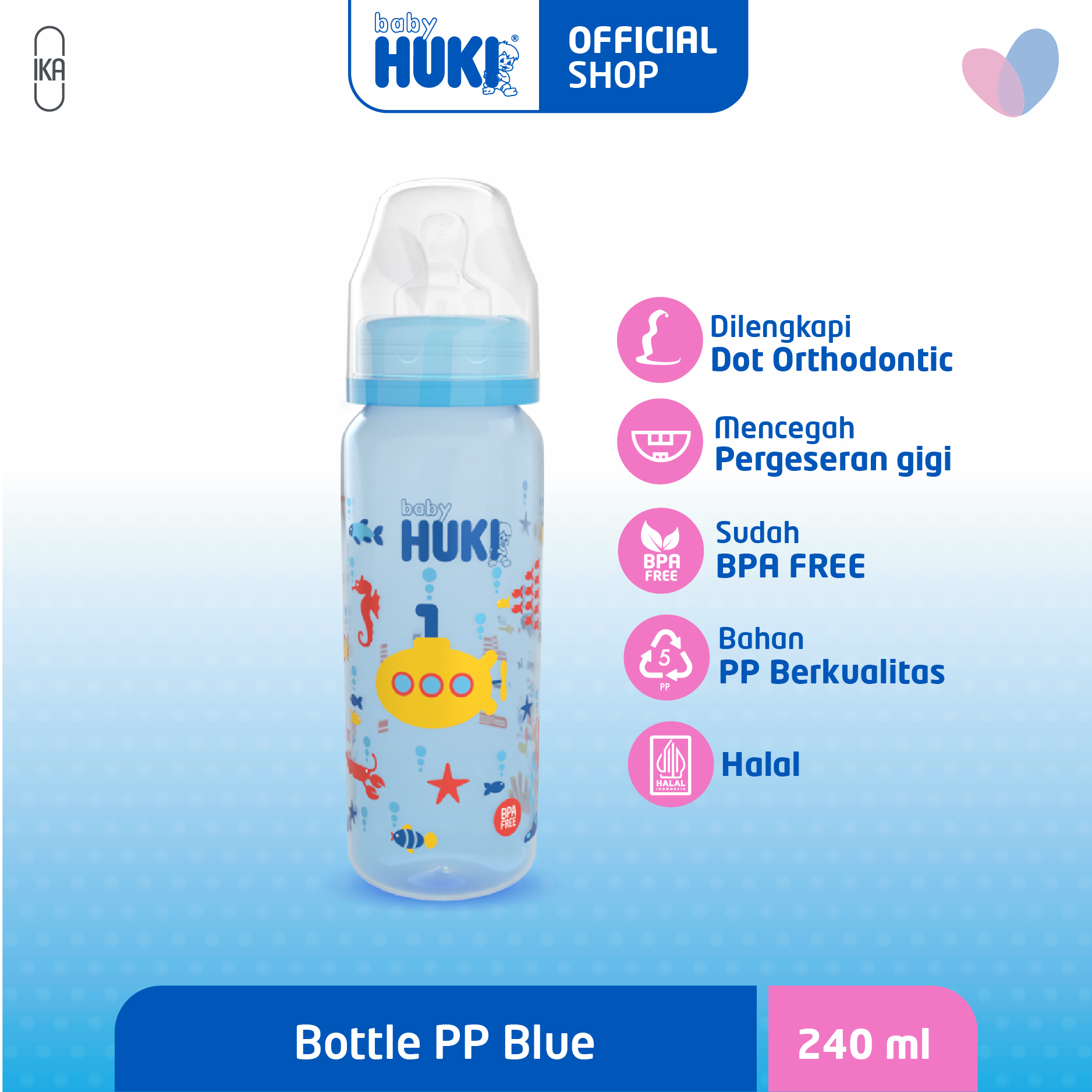 BABY HUKI Botol PP Berwarna Biru - Ukuran 240 ml