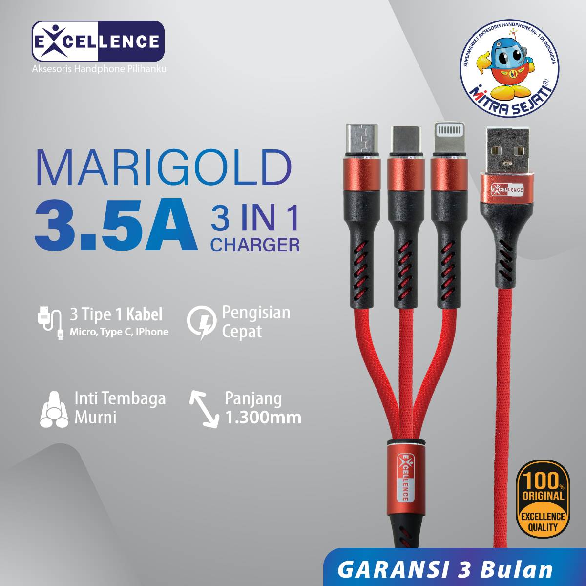 Kabel Data 3in1 for Micro USB Type C dan Lightning Fast Charging Original Excellence Marigold