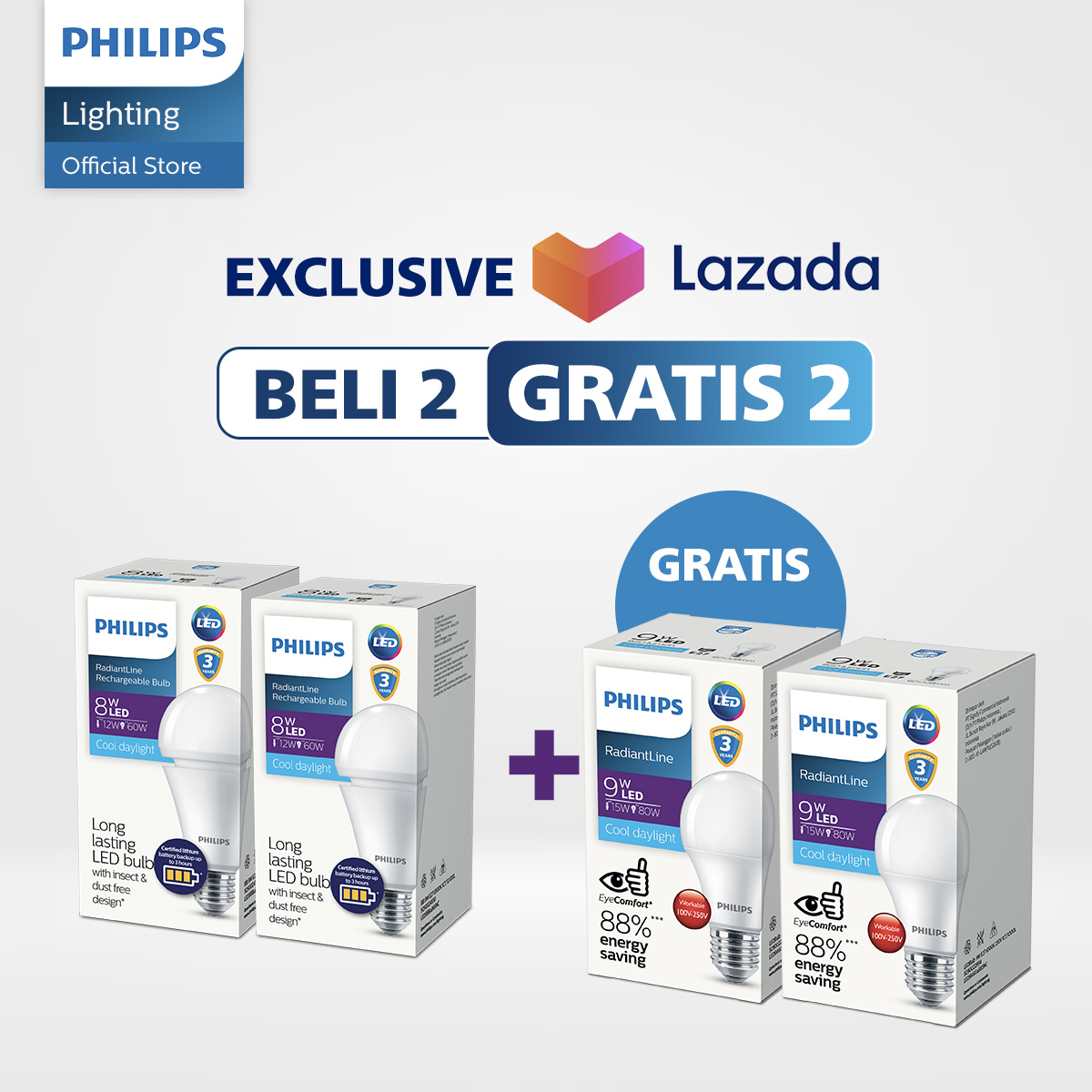Beli 2 Philips Lampu Emergency Rechargeable 8W 6500k Putih Gratis 2 Lampu LED 9W 6500k Putih