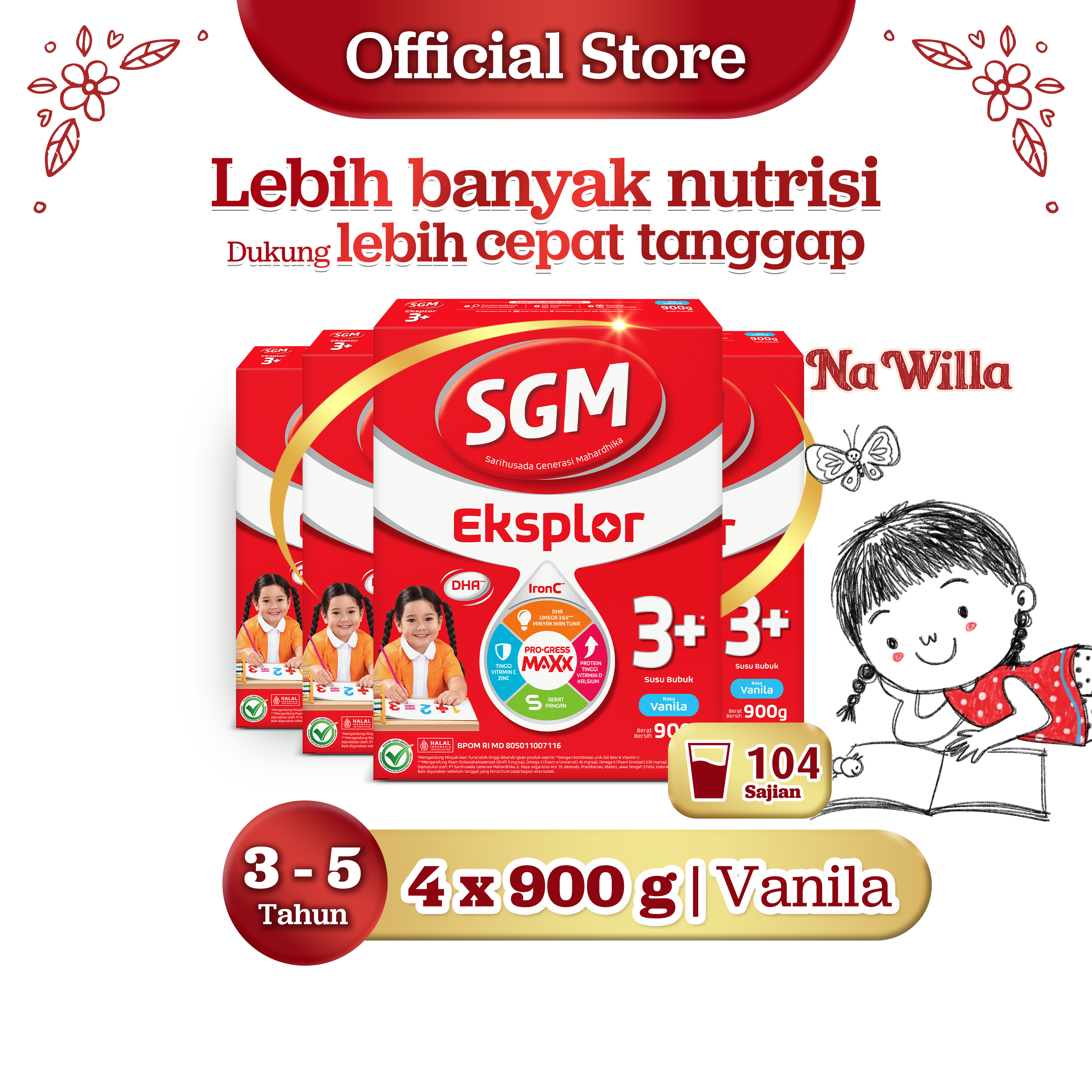 SGM Eksplor 3+ dengan IronC Susu Bubuk Rasa Vanilla 900GR x 4