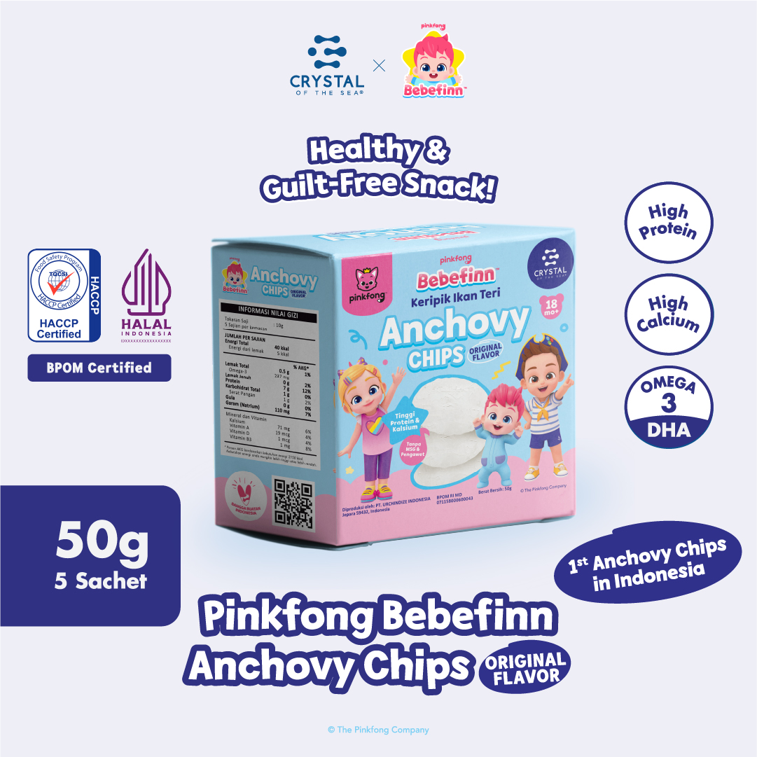 Crystal of the Sea Pinkfong Bebefinn Anchovy Chips Snack / Keripik Ikan Teri Rasa Original / Kerupuk untuk MPASI / Kerupuk Anak Non MSG / Krupuk Kalsium Tinggi /Camilan Sehat Tanpa Tepung Gluten Free /Jajanan Cemilan Bayi /Finger Food BergiziTinggiOmega3