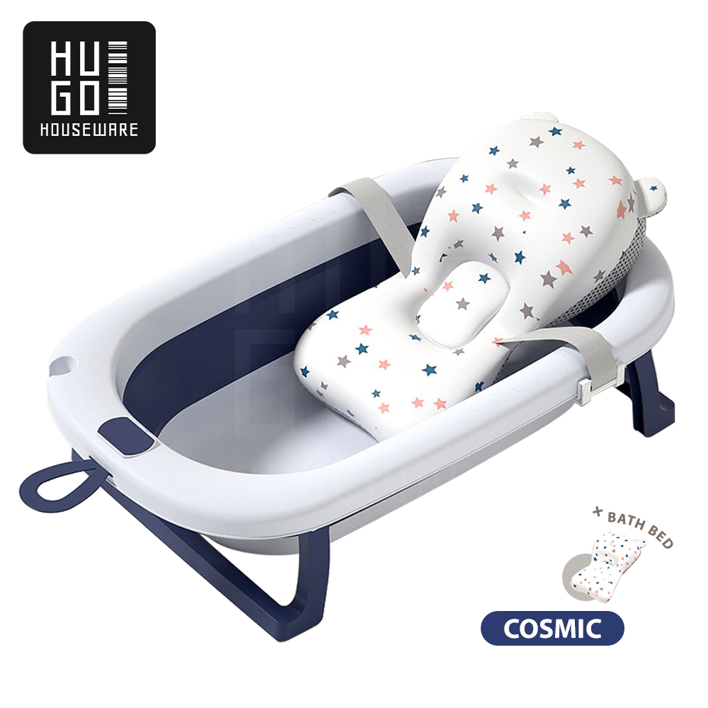 HUGO Foldable Baby Bath Tub / Bak Mandi Bayi Lipat dengan Pengukur Suhu dan Bantal Mandi Tempat Mandi Bayi Portable