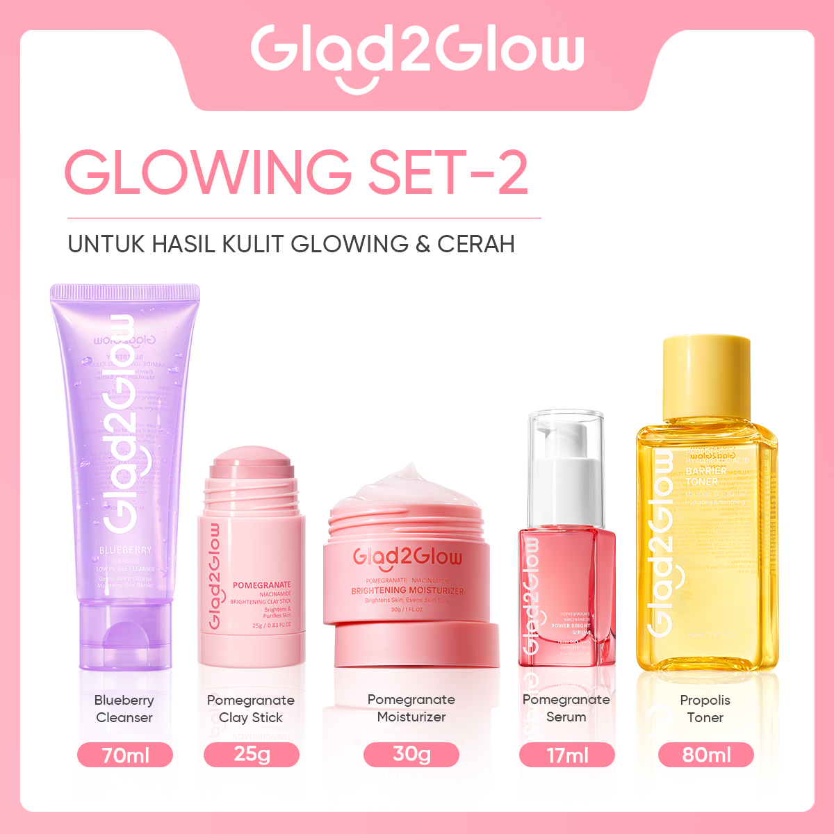 Glad2Glow Paket 5pcs Set with Cleanser + Clay Stick + Toner + Serum + Moisturizer Serum Wajah Pel...