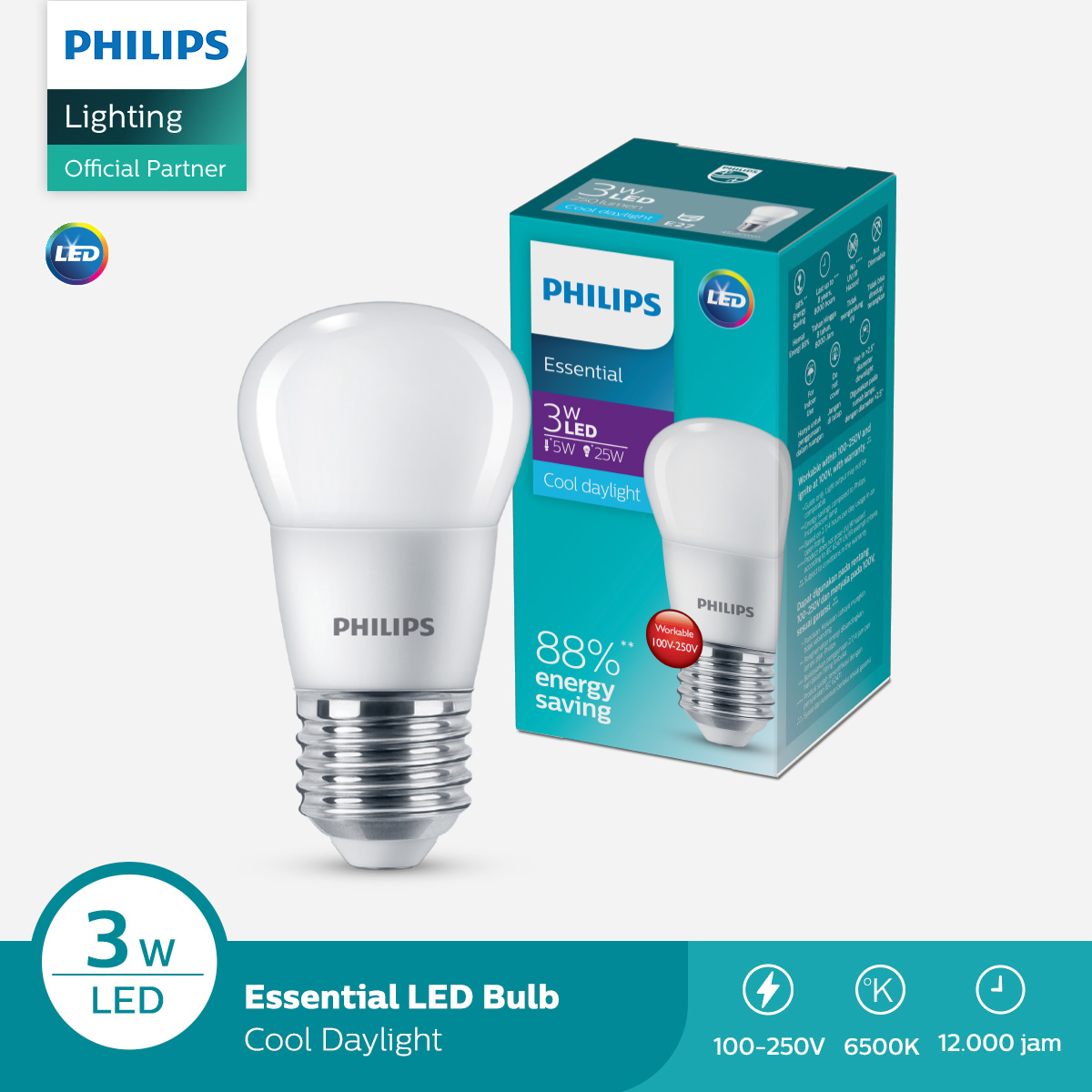 Lampu Philips LED Bulb Essential Bohlam 3W 65K Putih