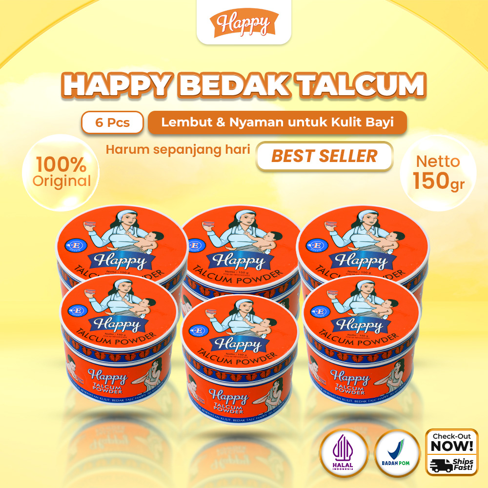 Happy Talcum Powder 150gr - isi 6 | Bedak Untuk Perawatan Kulit Bayi/Balita/Dewasa | Sudah Halal & BPOM