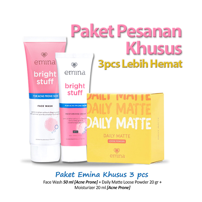 Paket Pesanan Emina Khusus 3 pcs (Face Wash 50 ml [Acne Prone] + Daily Matte Loose Powder 20 gr +  Moisturizer 20 ml [Acne Prone] )