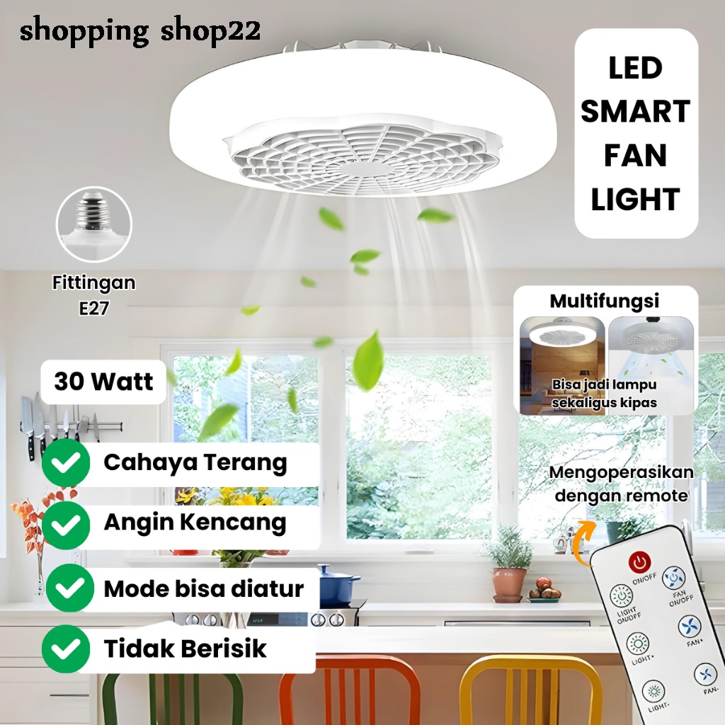 Lampu LED Kipas Angin AC E27 30Wat lampu LED Plafon + Kipas Angin Dinding Remote 2in1