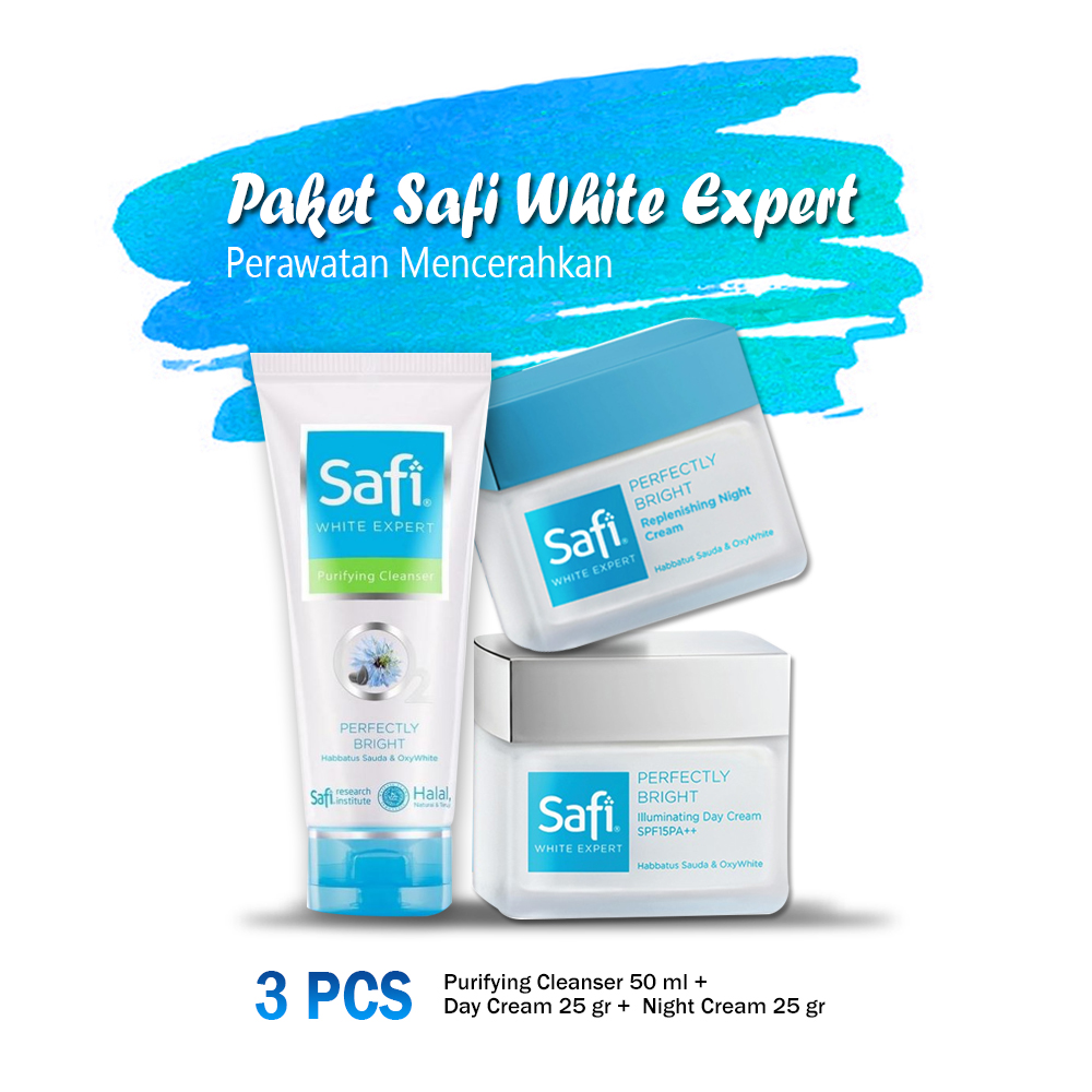 Paket Safi White Expert 3 pcs (Purifying Cleanser 50 ml + Day Cream 25 gr + Night Cream 25 gr) Untuk Kulit Normal