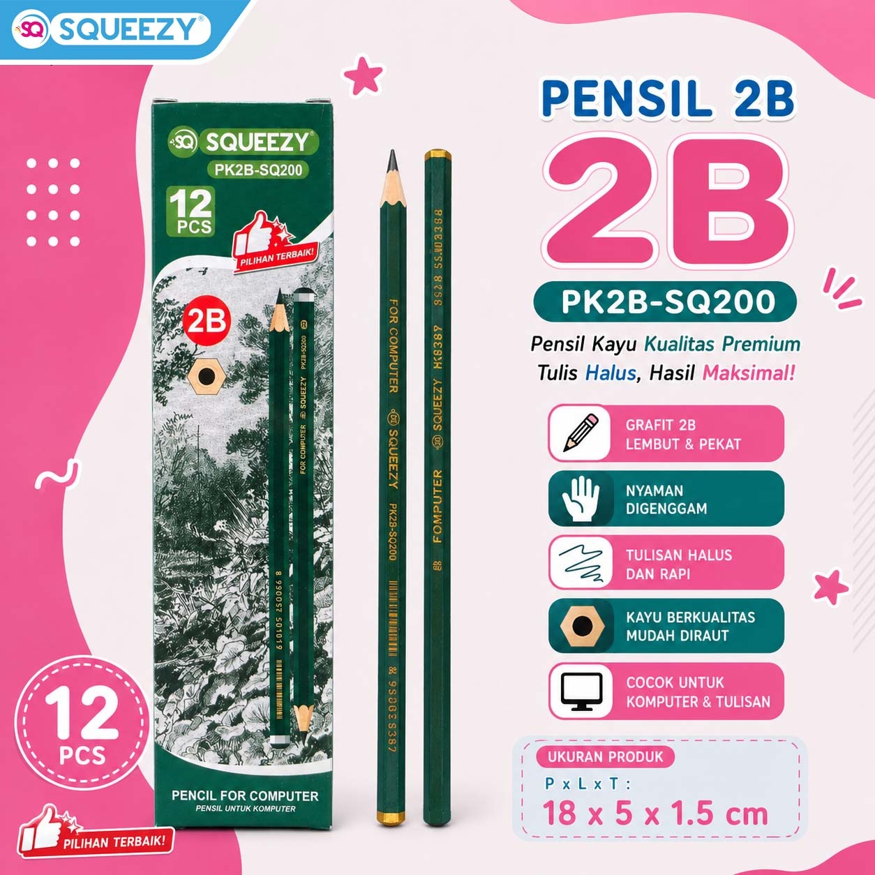 SQUEEZY Pensil 2B PK2B 1 Box Isi 12 Pcs | Pensil Ujian & Menggambar Murah | Alat Tulis Sekolah