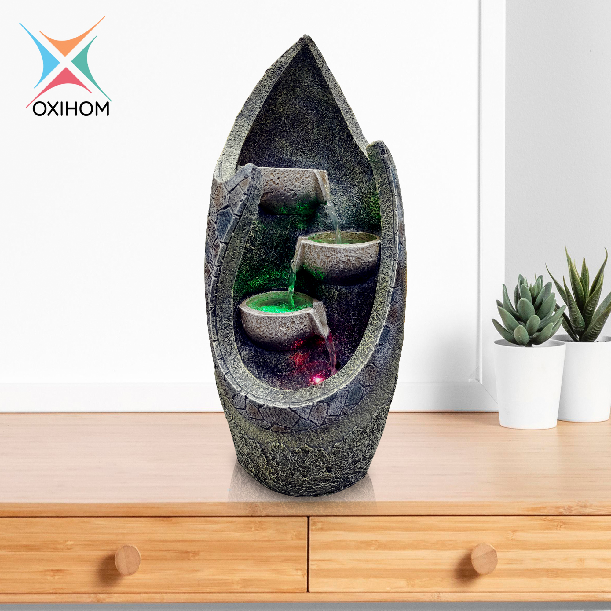 Oxihom W201 Water Fountain Ornament Articles Taman Air Mancur Mini Garden Abstrak Dekorasi Indoor dan Outdoor Rumah Unik dan Antik Feng Shui Motif Batu Alam Minimalis Membuat Ruang Tamu yang Mewah Elegan Hangat dan Romantis dengan lampu LED