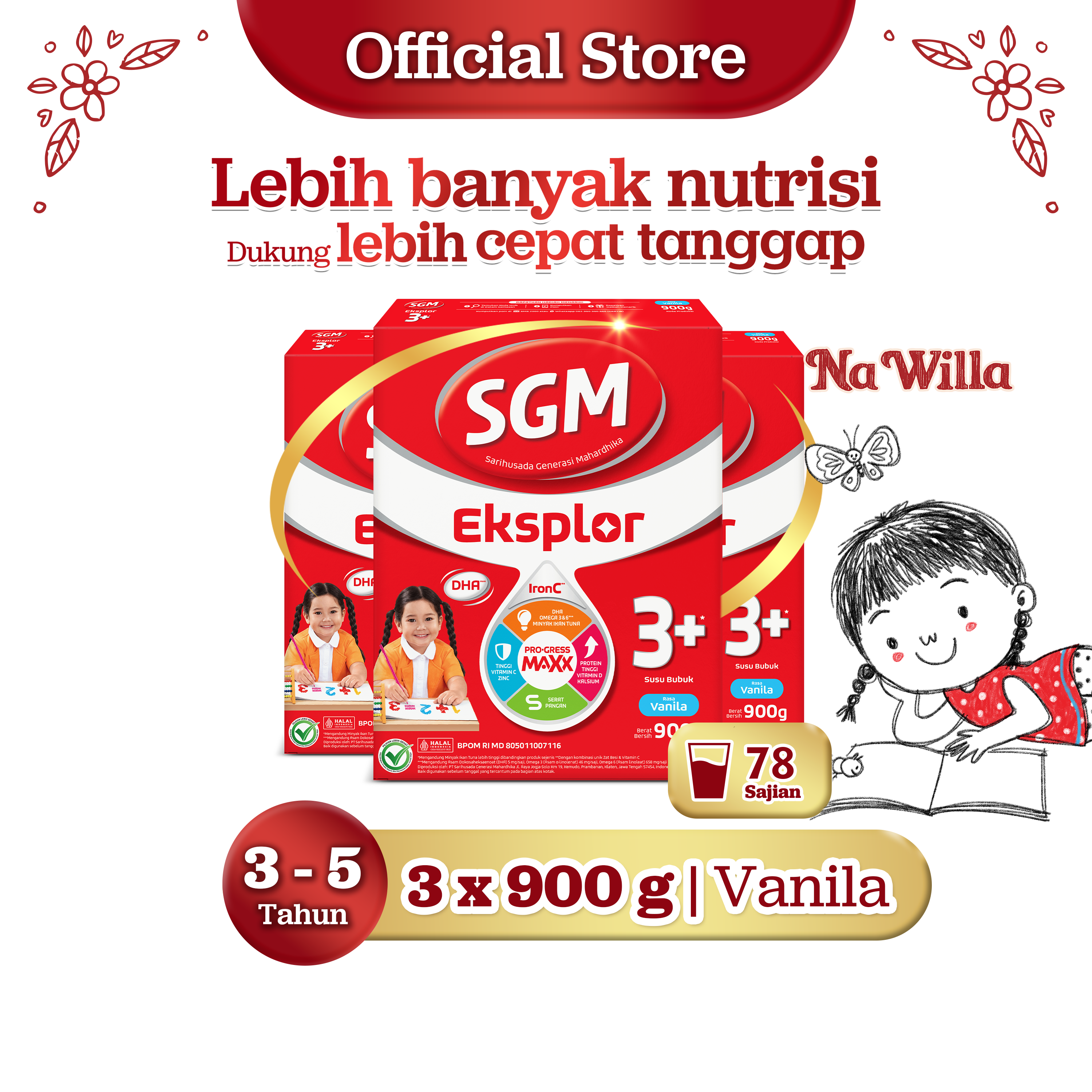 SGM Eksplor 3+ dengan IronC Susu Bubuk Rasa Vanilla 3x900gr - Untuk Usia 3-5 Tahun