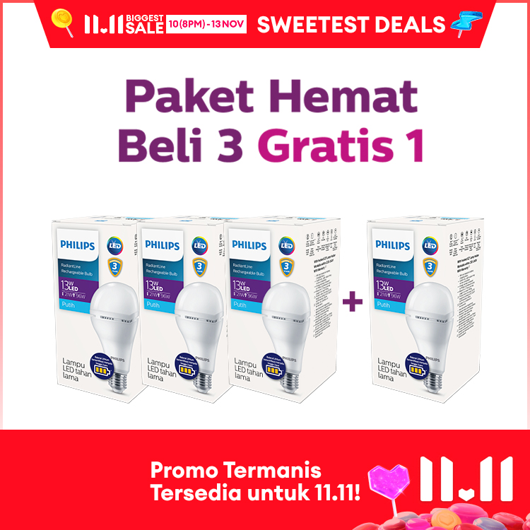 Special 11.11 - [Exclusive Lazada] Beli 3 Gratis 1 Lampu Philips Radiantline Emergency LEDBulb 13W 6500K Putih