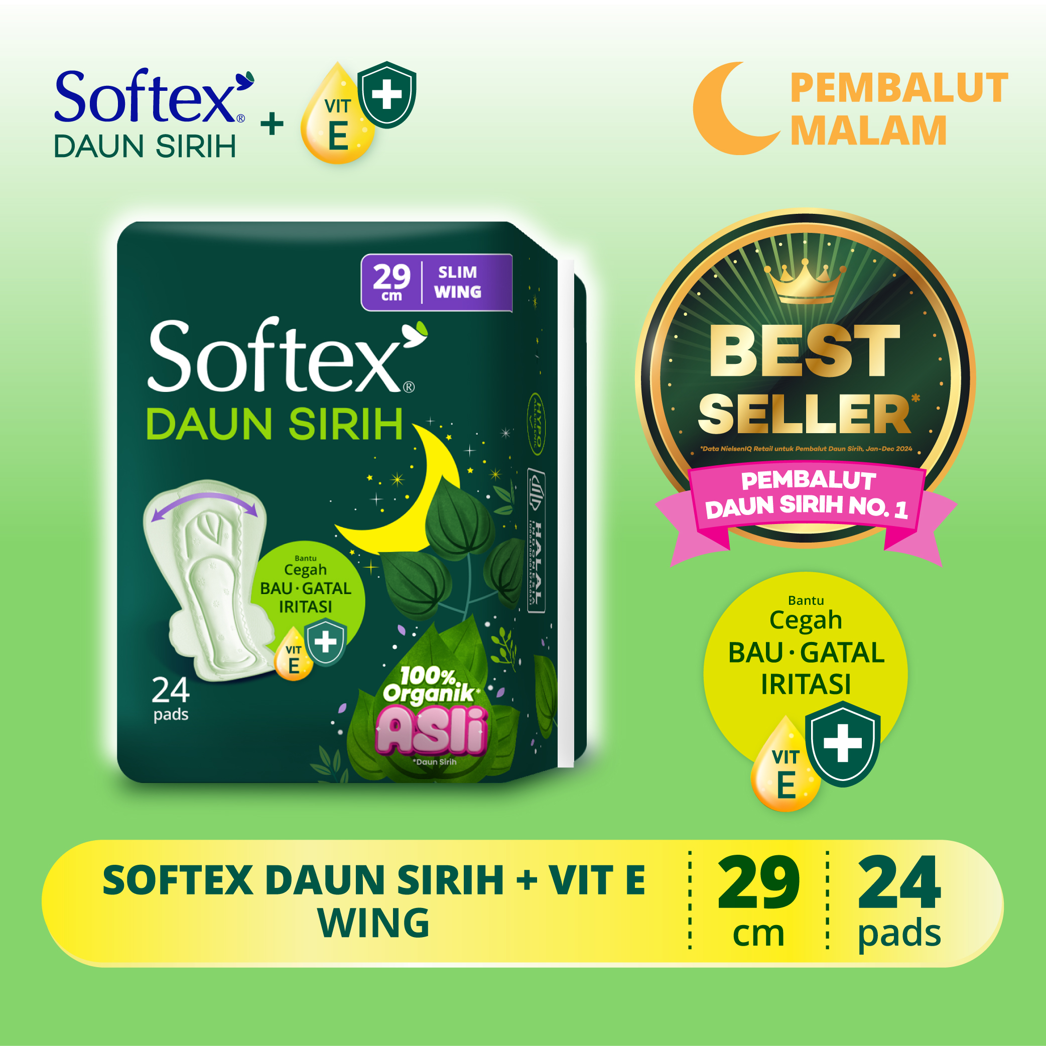 Softex Daun Sirih + Vitamin E Jumbo Pack 29cm 24s - Pembalut Daun Sirih Malam