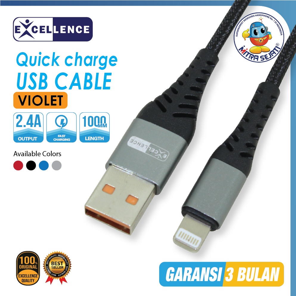 Kabel Data Excellence Violet 2.4A For Lightning Micro USB Type C