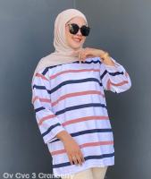 NARAGU - Baju belang Aldira Terbaru Garis kecil 7 8 Oversize Lengan 3/4 Edisi Gaya Imut Kaos Atasan Wanita Setrip Terlaris