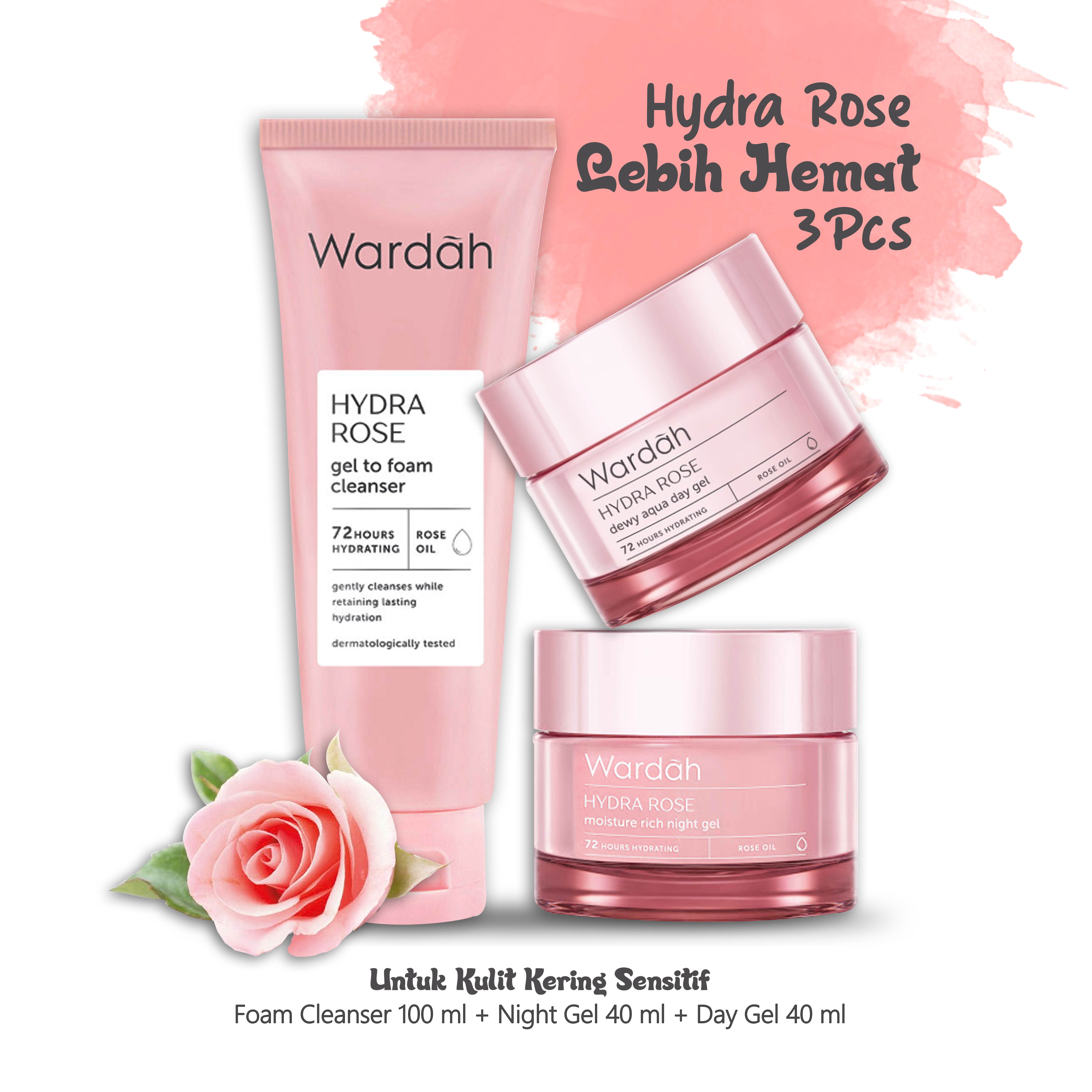 Paket Hemat Wardah Hydra Rose 3 pcs (Foam Cleanser 100 ml +  Night Gel 40 gr + Day Gel 40 gr) Kemasan Besar