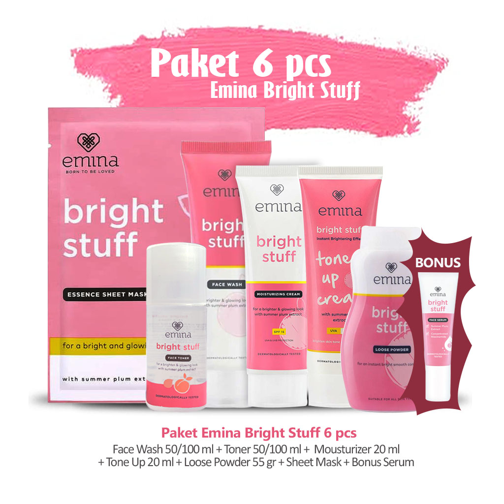 Paket Emina Bright Stuff 6 pcs ( Sheet Mask 23gr, Face Toner, Face Wash, Loose Powder 55 gr, Tone Up Cream 20 ml, Mousturizing 20 ml) Free Serum 7,5 ml