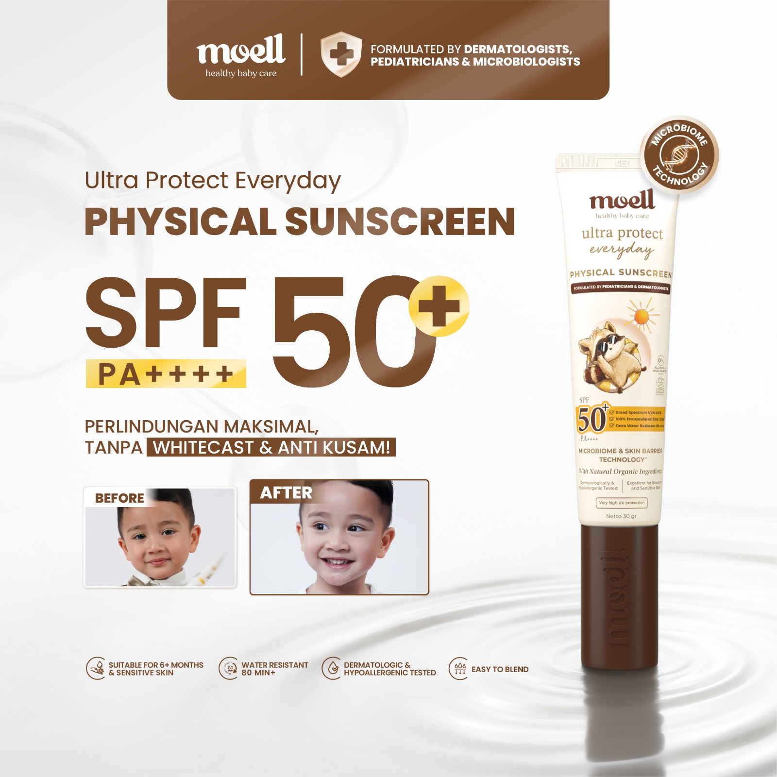 Moell Physical Sunscreen Anak 30ml Dengan SPF (50+) PA(++++) Broad Spectrum Water Resistant - Ski...