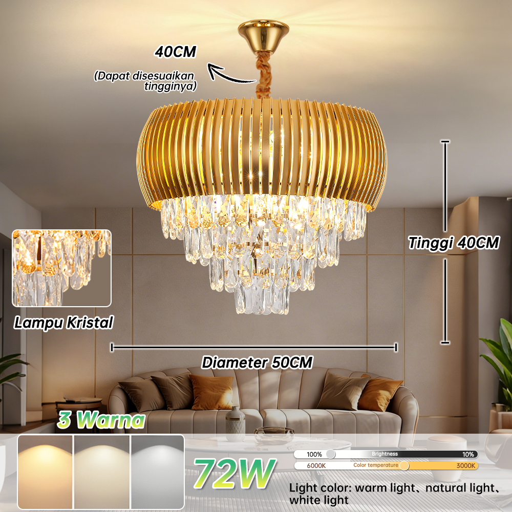 GOGEOUS Lampu Gantung Kristal Tamu Mewah 3 Warna Ruang Tamu 60CM Lampu Gantung Kristal Hias