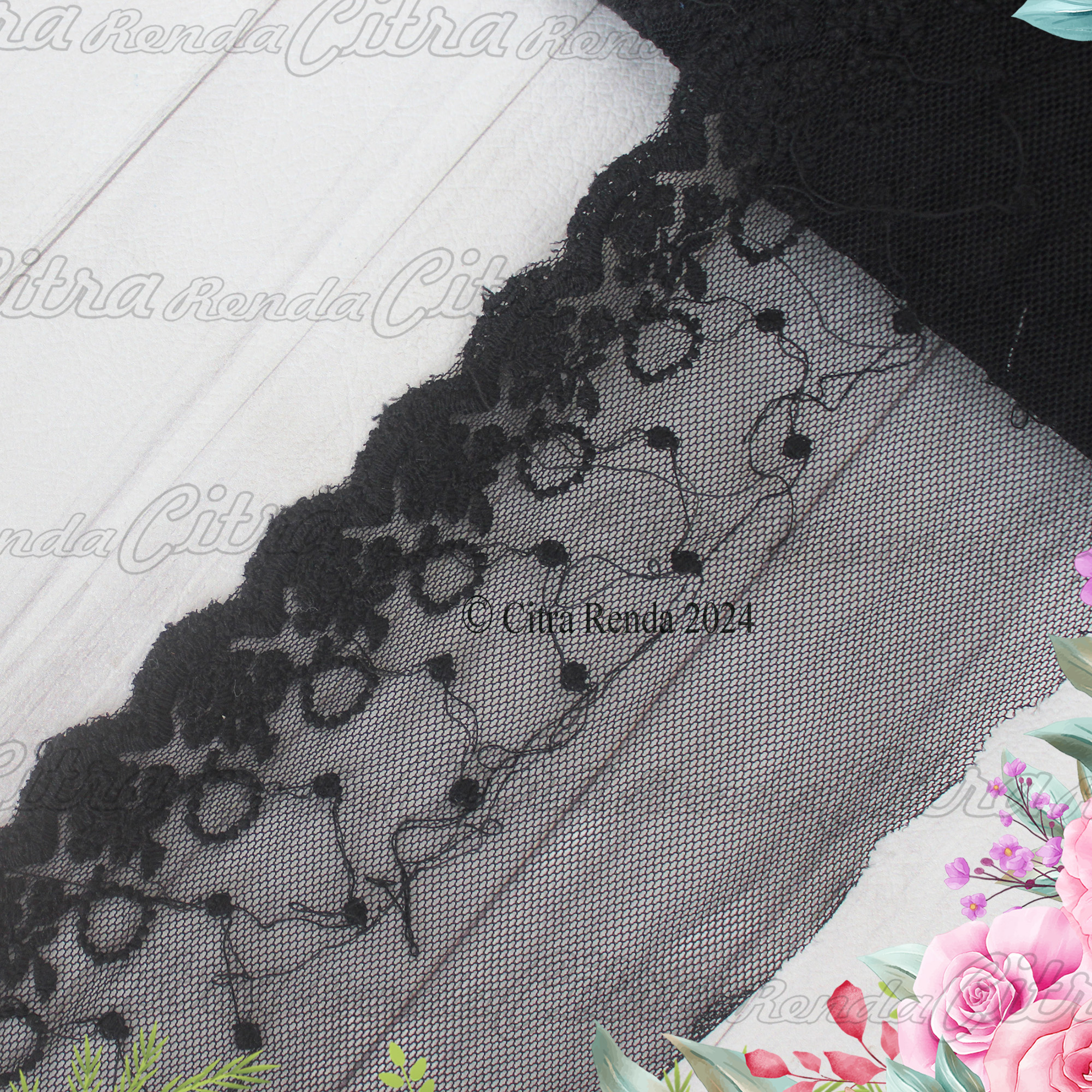 (Per 2 Meter) RDT345 Renda Bordir Tile Hitam Motif Cantik Lebar 10Cm