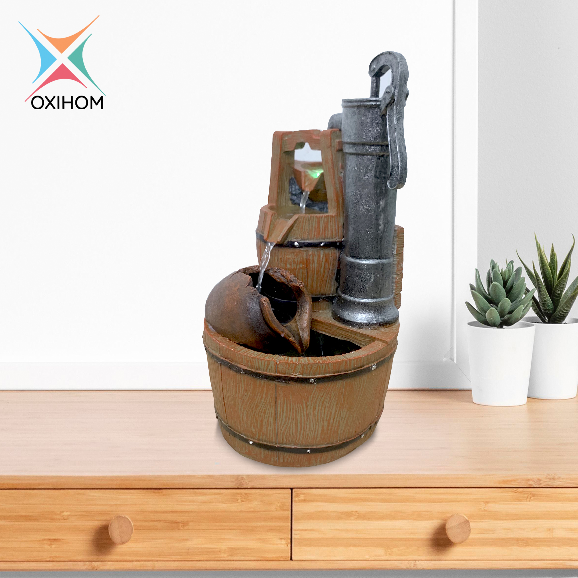 Oxihom W009 Water Fountain Ornament Articles Taman Air Mancur Mini Garden Abstrak Dekorasi Indoor dan Outdoor Rumah Unik dan Antik Feng Shui Motif Batu Alam Minimalis Membuat Ruang Tamu yang Mewah Elegan Hangat dan Romantis dengan lampu LED