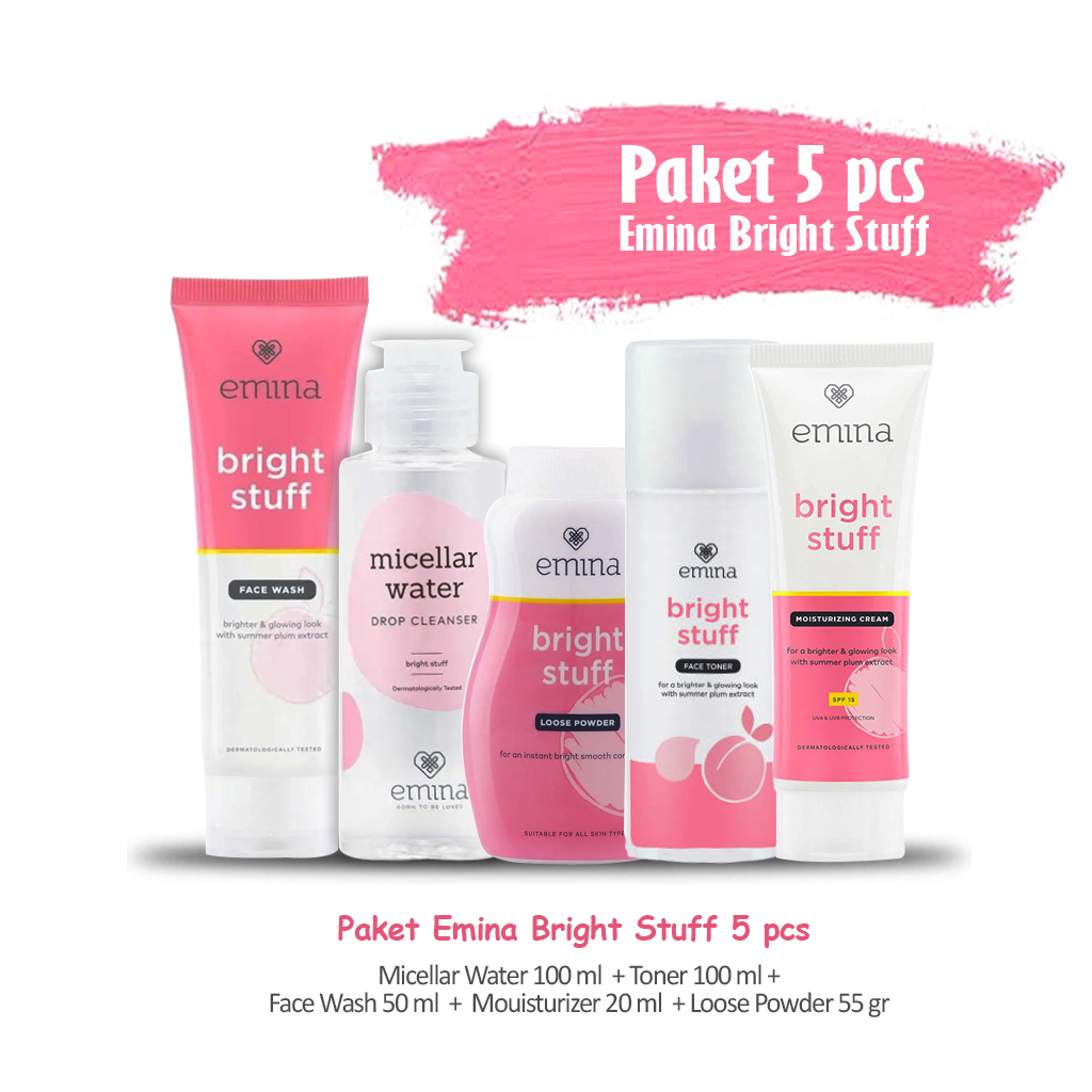 Paket Skincare Emina Bright Stuff 5 pcs / Perawatan Wajah Emina ( Loose Powder 55 gr, Face Toner 100 ml, Face Wash dengan pilihan, Micelar Water 100 ml, Mousturizing 20 ml)