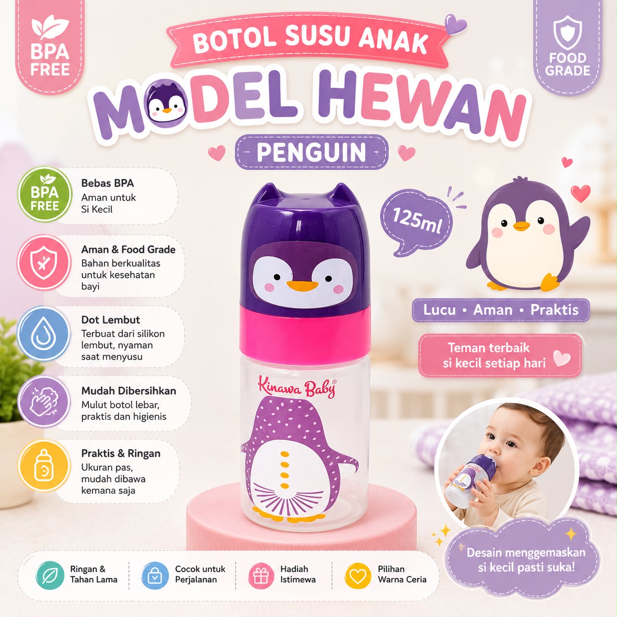 Botol Susu kinawa animal series 250ml dan 125ml bpa free tahan panas