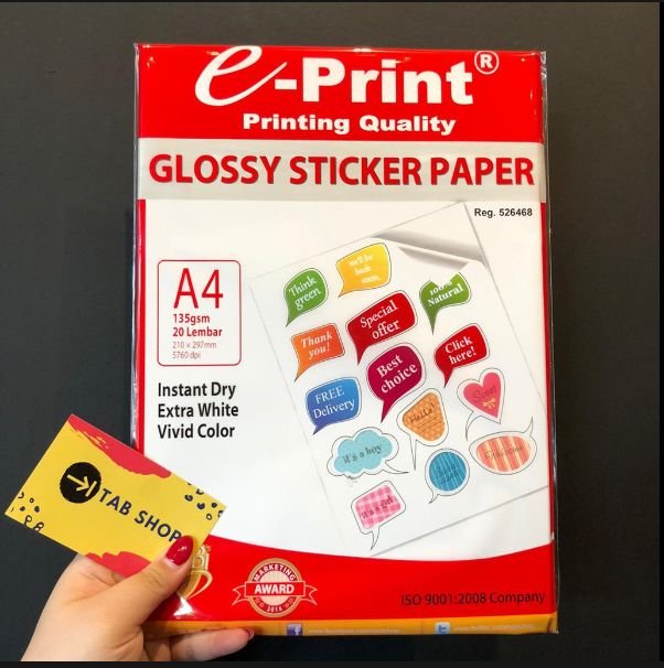 TAB SHOP - EPRINT GLOSSY STICKER PAPER 135 GSM 20 LEMBAR A4 - E-PRINT KERTAS STIKER GLOSY 135 GSM 20 LEMBAR A4