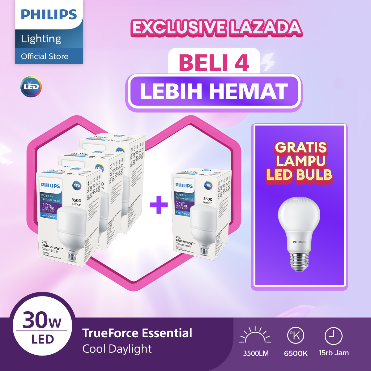 [GRATIS LAMPU] Philips Lampu LED Paket Lampu Lebih Cuan Beli 4 Lebih Hemat Radiantline Trueforce 30W 6500k Putih GRATIS Lampu LED Bulb