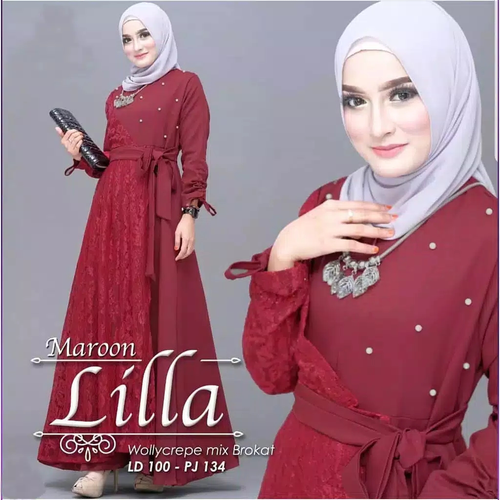 Baju Muslim Modern Gamis LILLA DRESS Wallycrepe Mix Brukat Gamis Trendy Gaun Modern Casual Baju Modis Panjang Baju Syar’i Muslim Wanita Baju Kerja Syari Panjang Dress Pesta Murah Terbaru