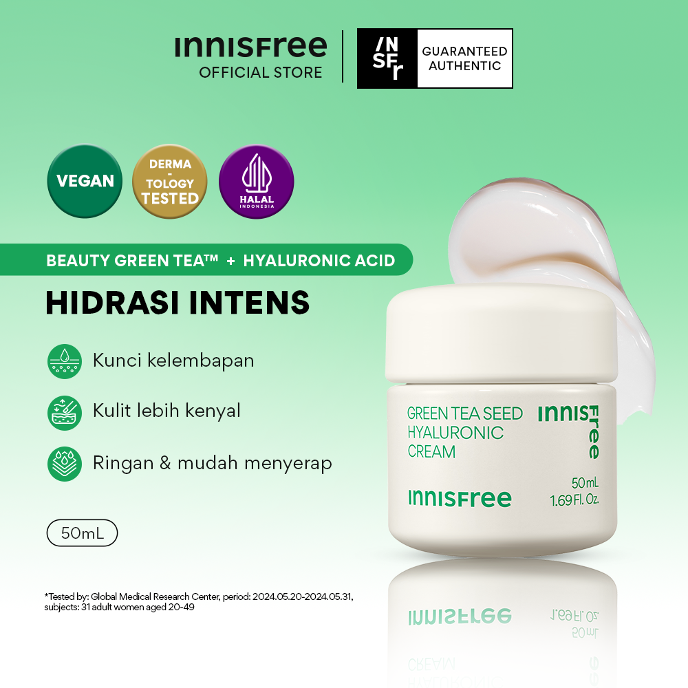 Innisfree Green Tea Seed Hyaluronic Cream Moisturizer 50ml / Pelembap untuk Kulit Kering