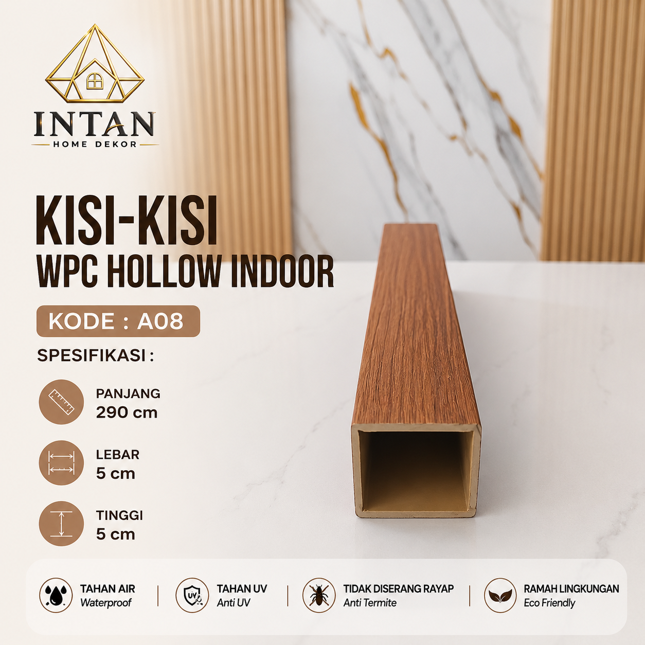 Kisi-kisi WPC Hollow Indoor A08 - Panjang 290 cm - Lebar 5 cm - Tinggi 5 cm - Tahan Air - Tahan UV - Anti Rayap - Ramah Lingkungan
