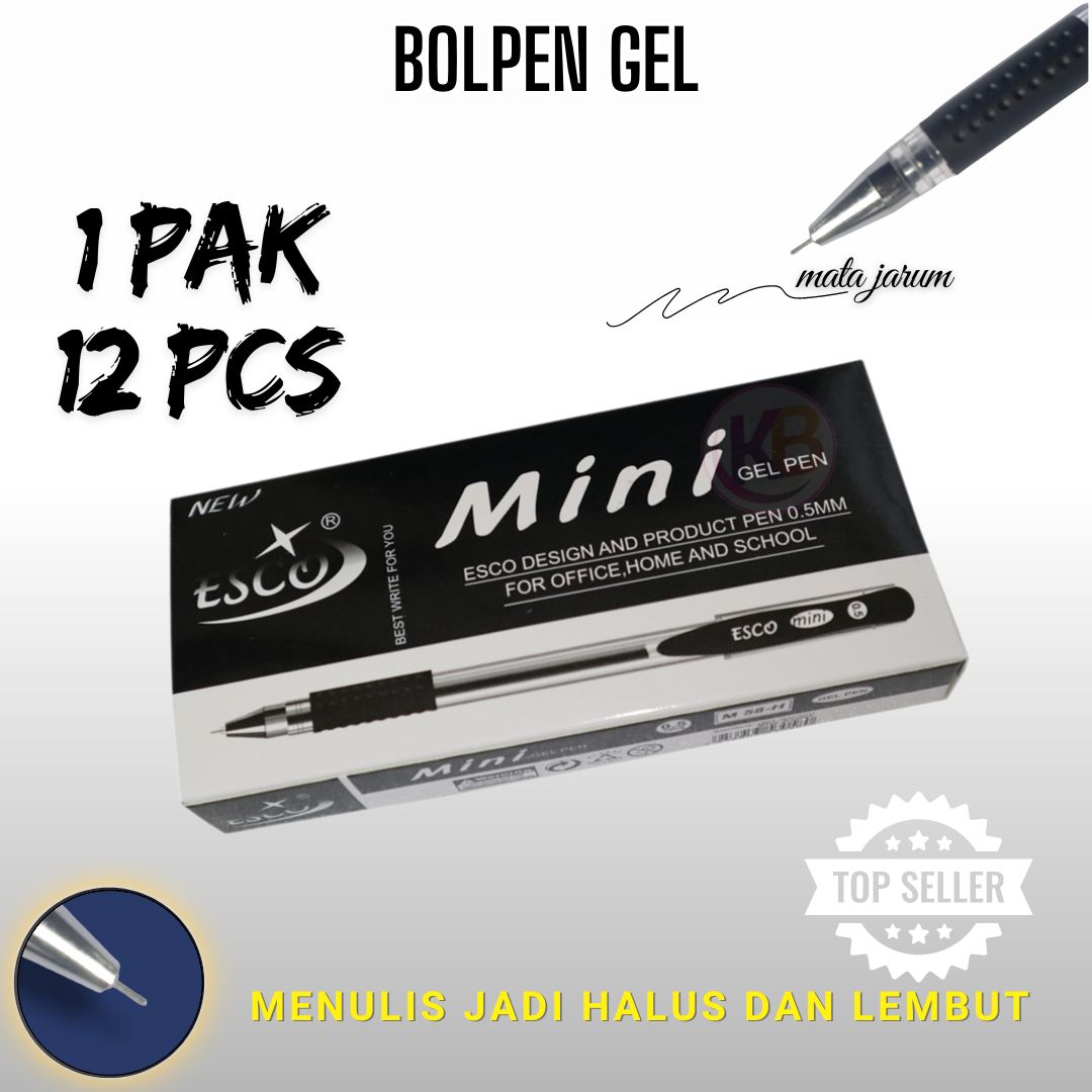 (12 pcs) 1 Pak Pulpen Gel 0.5mm / Glitter Pen / Black / Pulpen Esco Mini Gel / Kb