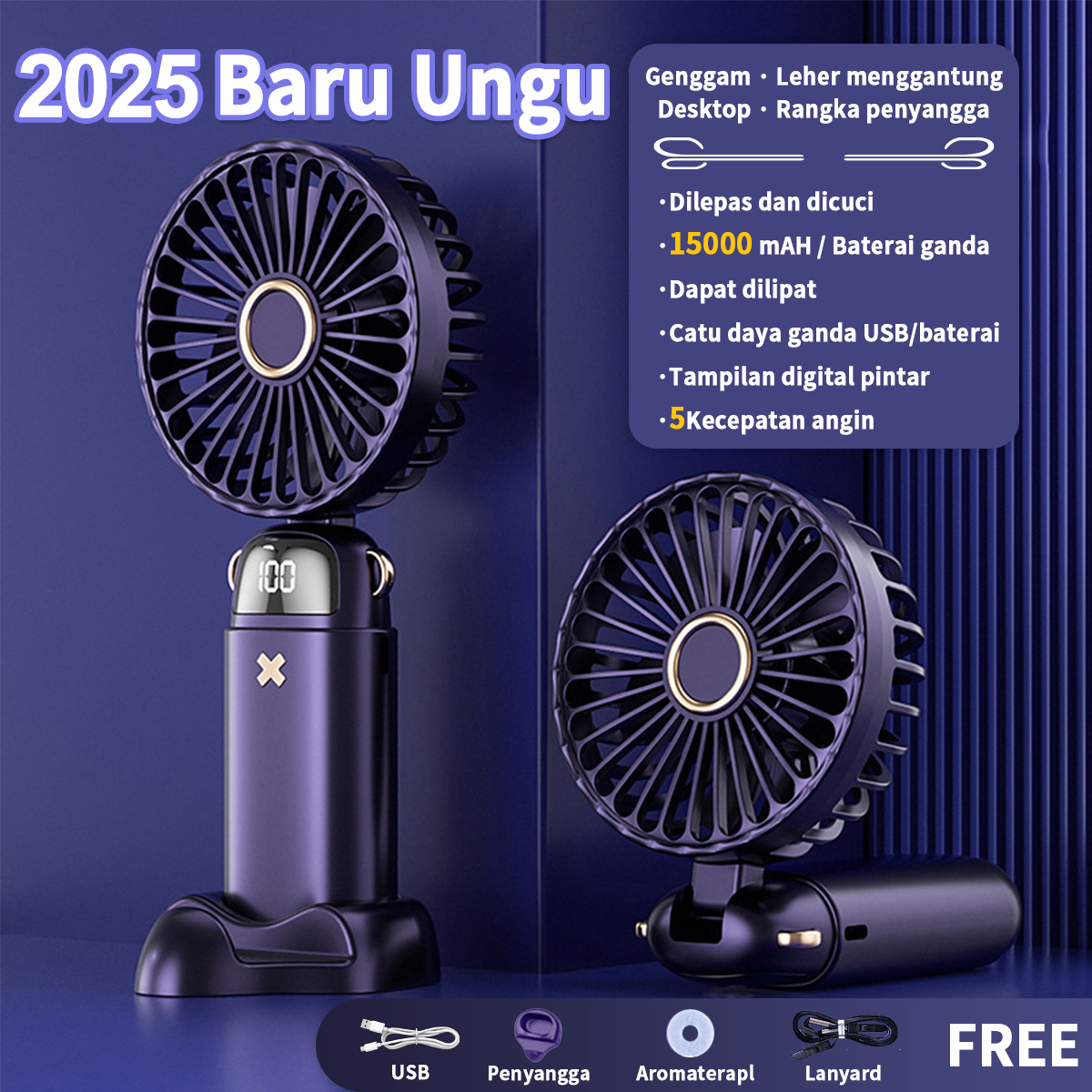 DL Kipas Angin Mini 20000mAh 5-Speed Wind Kipas Genggam Portabel Karakter LED Display Portable Ha...