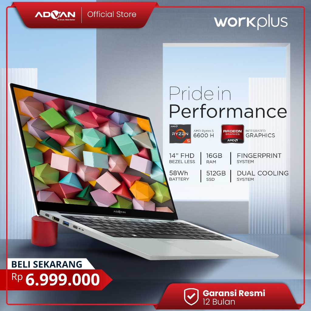 ADVAN Workplus Laptop FHD IPS 14" AMD Ryzen 5 6600H RAM