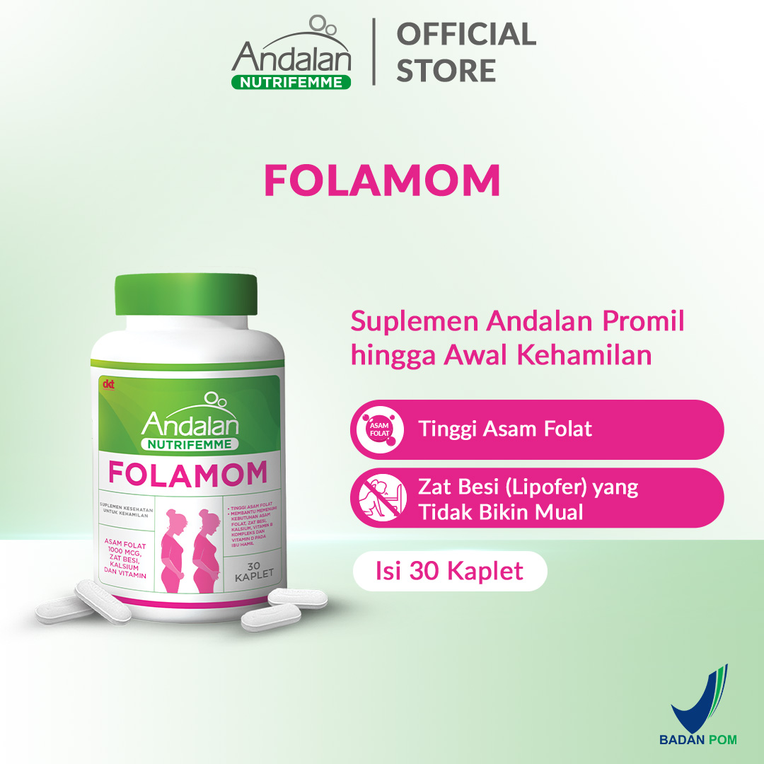Andalan Nutrifemme Folamom Botol Isi 30 Kaplet - Suplemen Promil dan Ibu Hamil Trimester 1 & 2 Tidak Bikin Mual BPOM