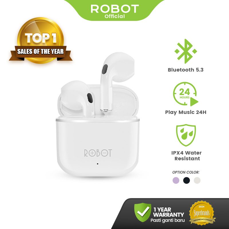 ROBOT TWS Wireless Earphone Airbuds Full Super Bass T50S Original BT 6.0 True Wireless Headset Bluetooth Earbuds IPX4 Waterproof Original - Garansi 1 Tahun