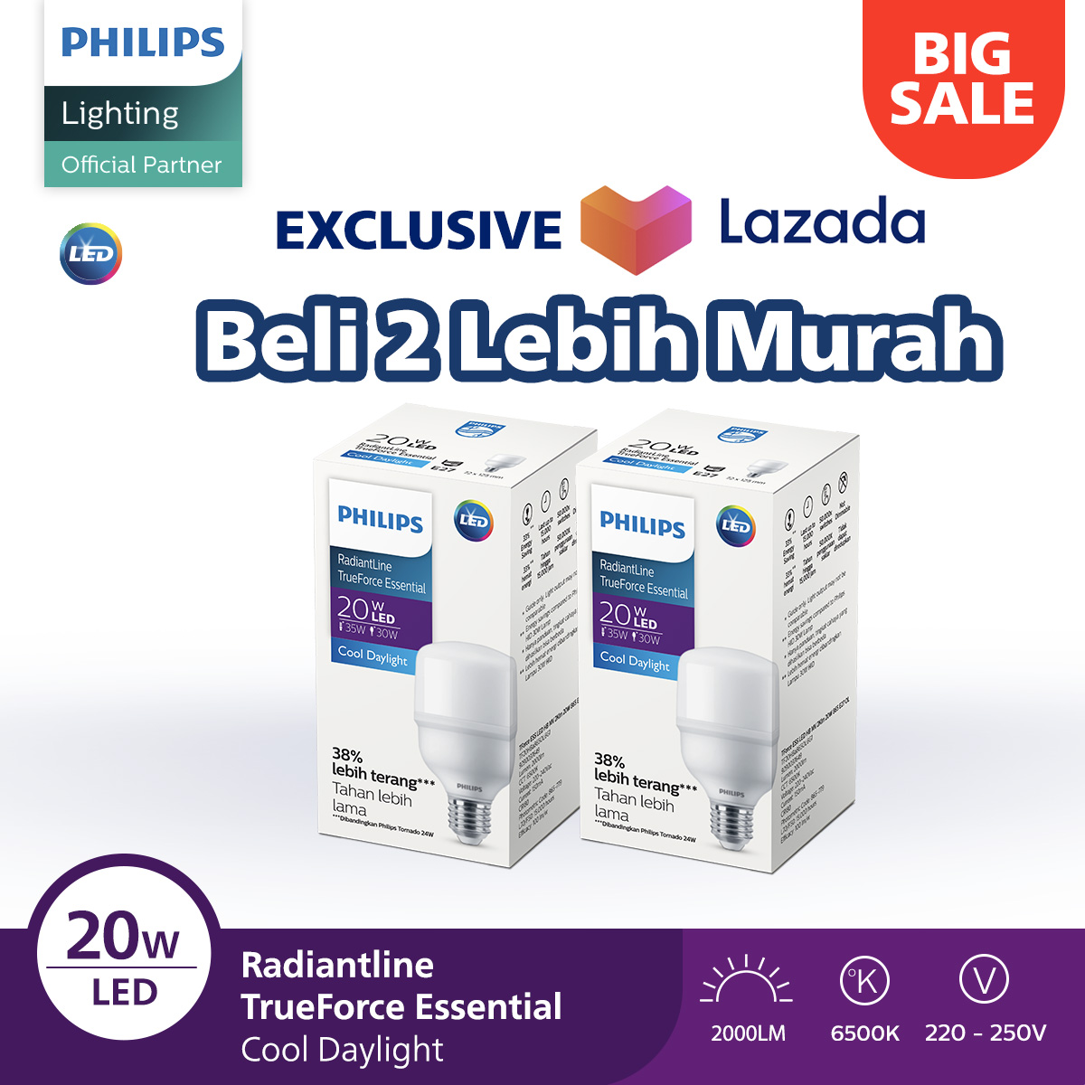 [PAKET HEMAT – LEBIH UNTUNG BELI 2!] Beli 2 Philips Lampu LED Trueforce Essential 20W E27 6500K Putih Lebih Murah