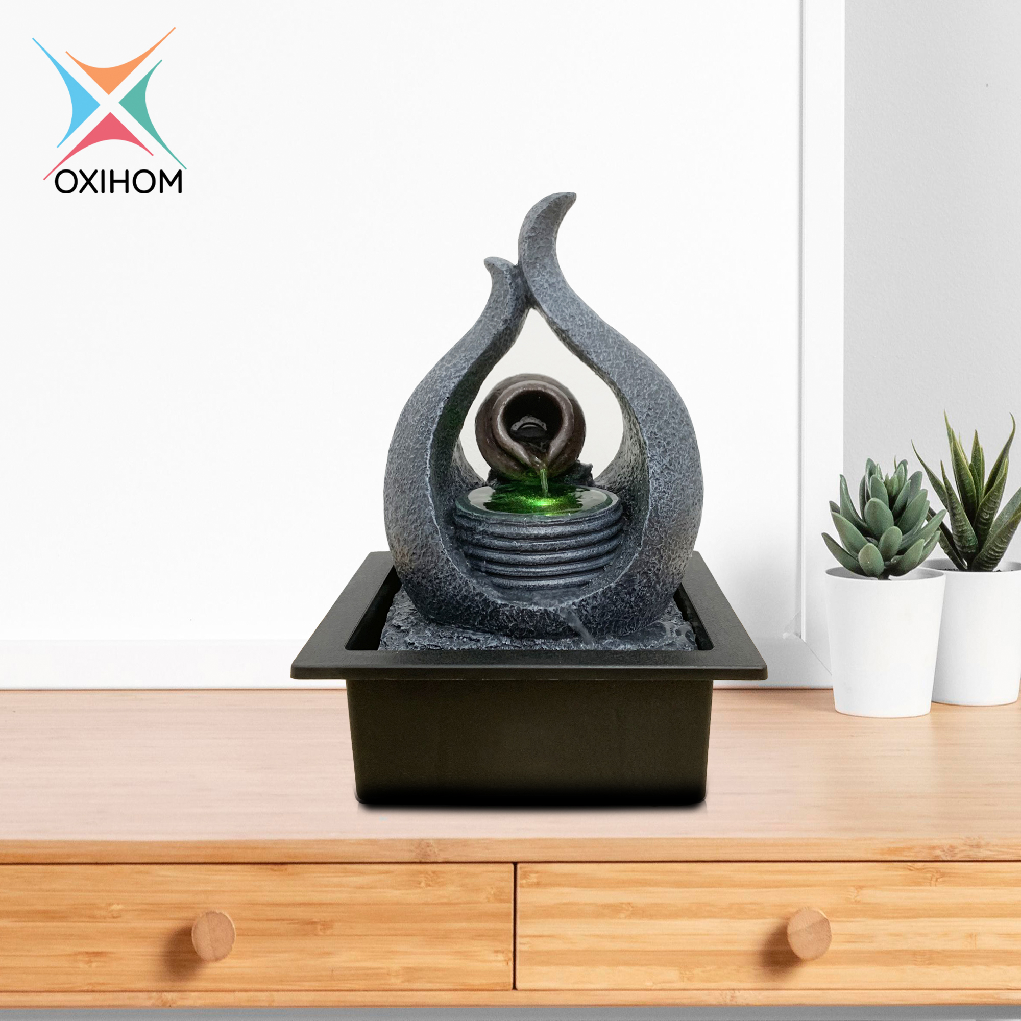 Oxihom W812 Water Fountain Ornament Articles Taman Air Mancur Mini Garden Abstrak Dekorasi Indoor dan Outdoor Rumah Unik dan Antik Feng Shui Motif Batu Alam Minimalis Membuat Ruang Tamu yang Mewah Elegan Hangat dan Romantis dengan lampu LED