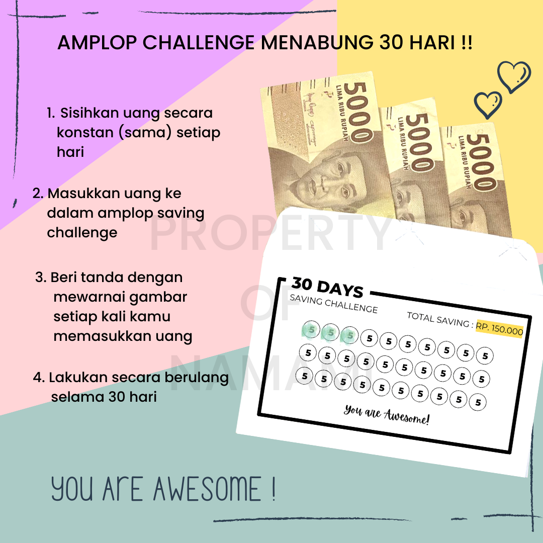 Amplop Target Menabung 30 Hari 40 Hari 50 Hari 100 Hari / Amplop Saving Challenge