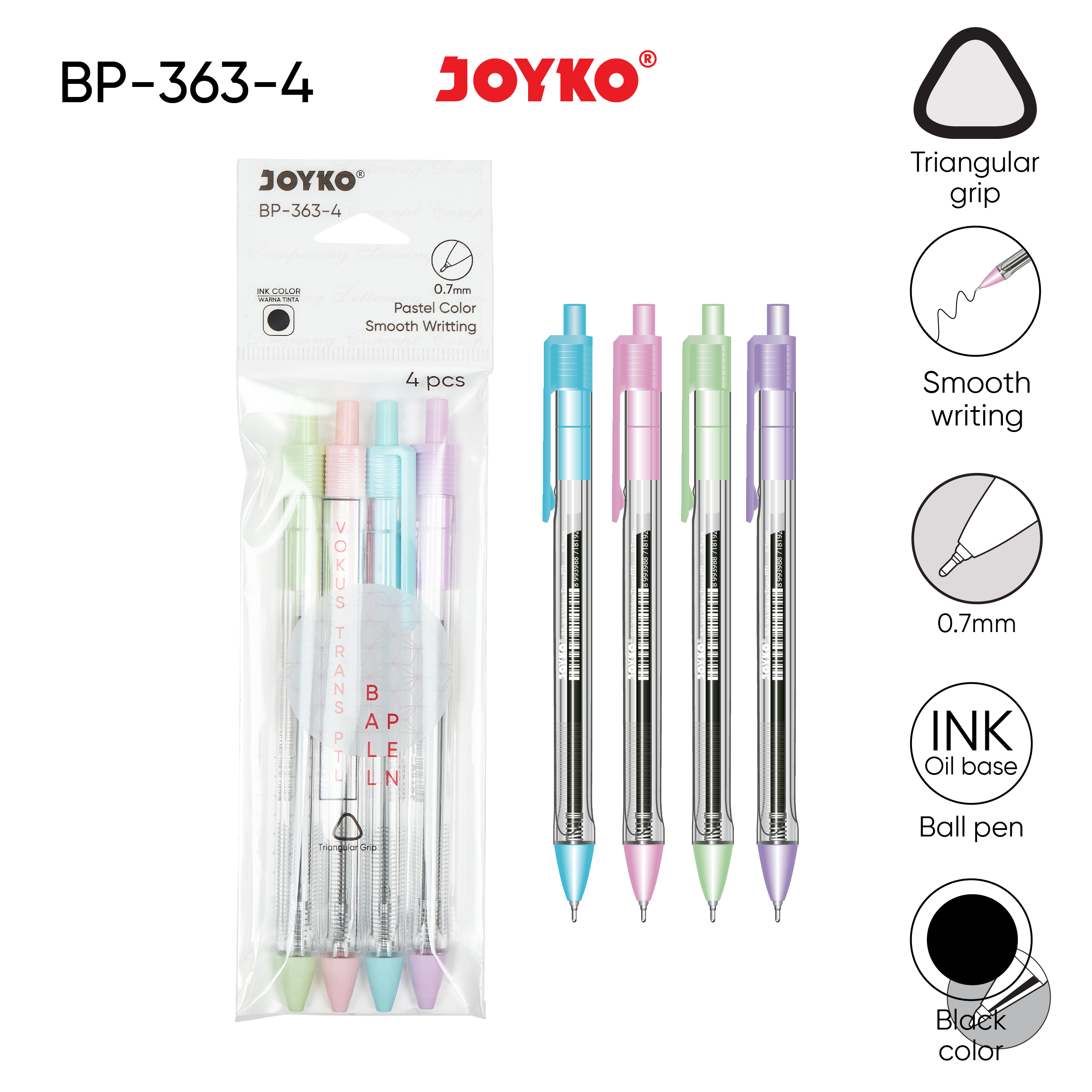 Ball Pen Pulpen Pena Joyko BP-363 Vokus Trans PTL 0.7 mm 1 Set 4 Pcs