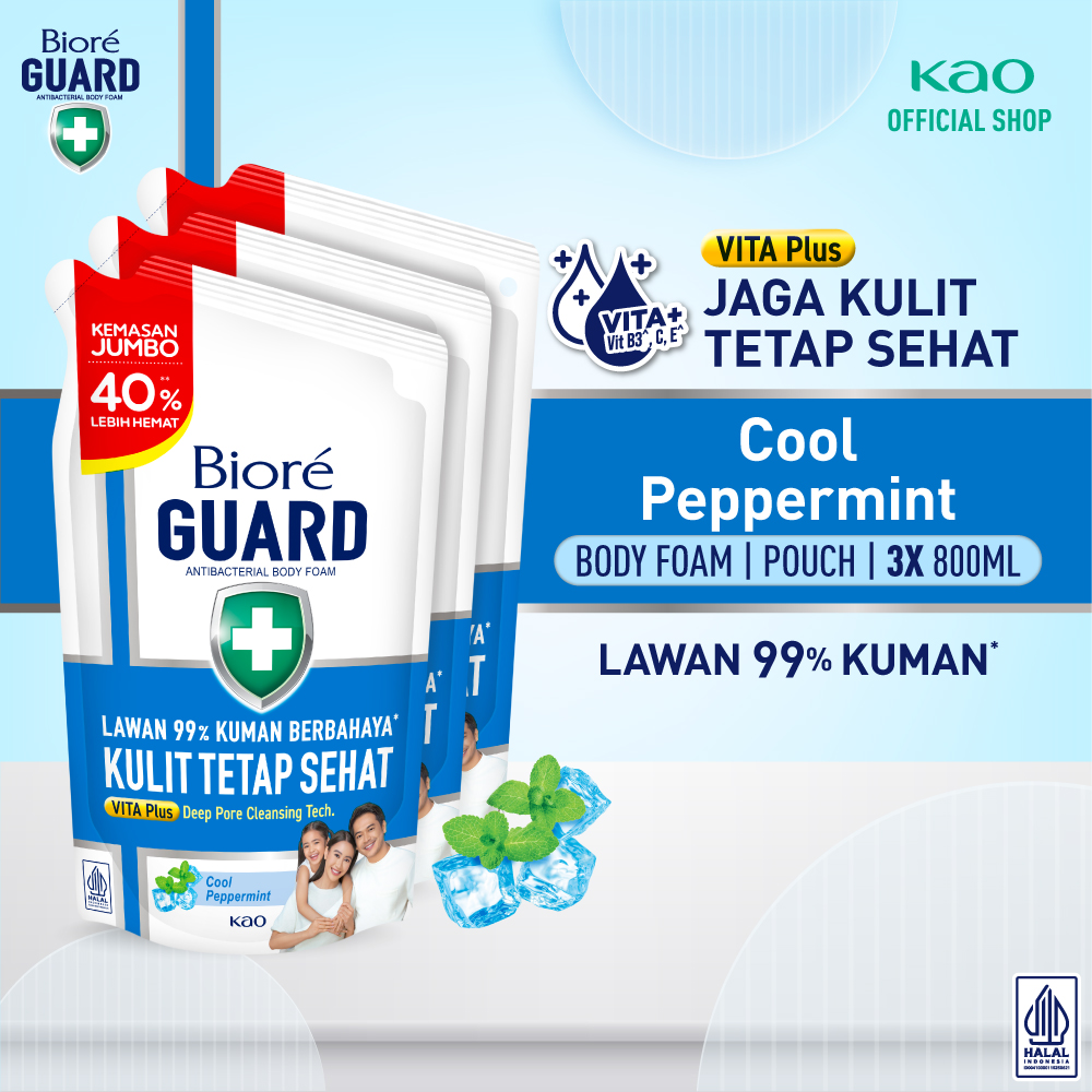 Biore Guard  Sabun Mandi Cair Anti Bakteri Cool Peppermint 800ml Pouch Triplepack Lawan 99% Kuman...