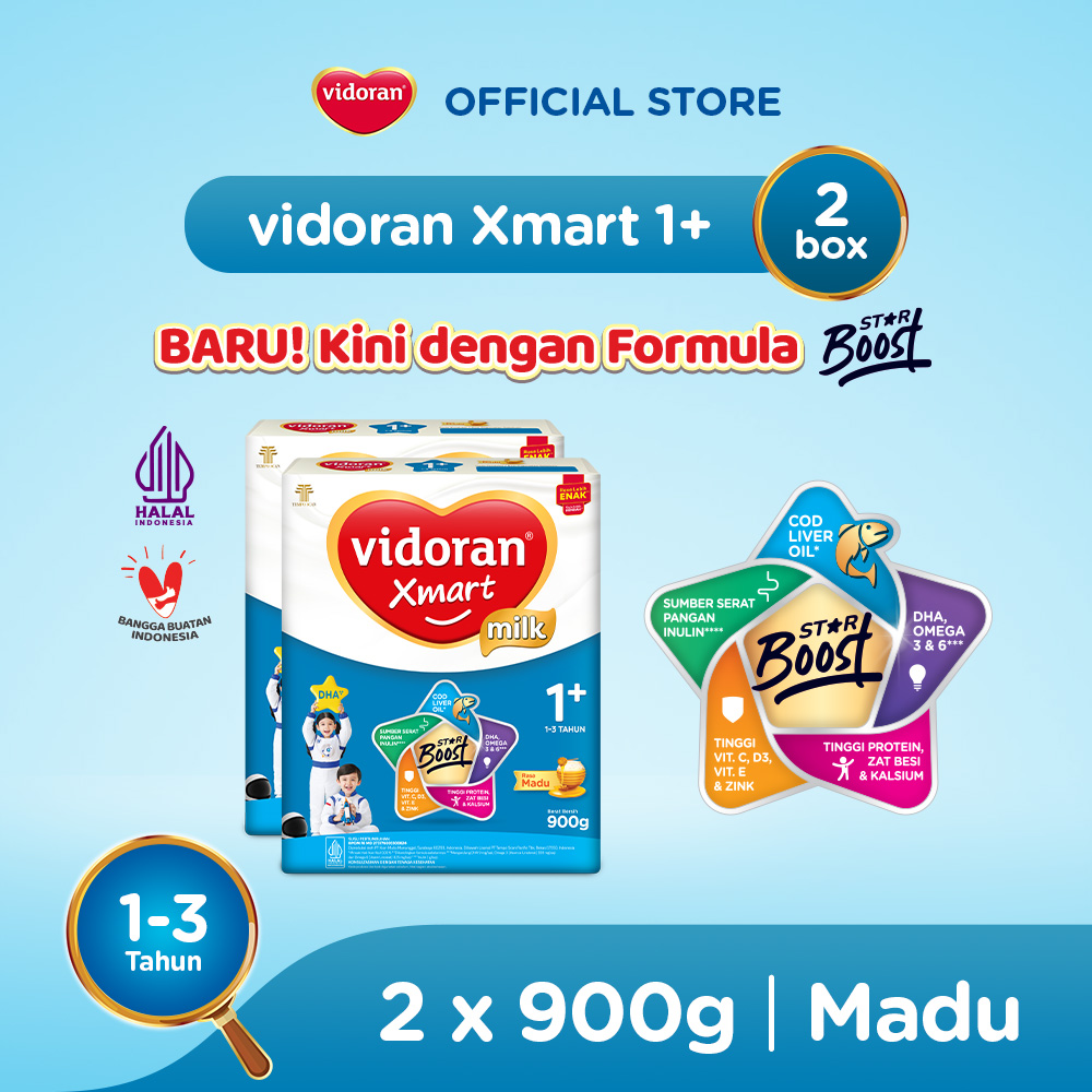 Vidoran Xmart 1+ Madu 900gr Susu Formula Pertumbuhan Anak 1-3 Tahun - 2 box (Exp : 07.2027)