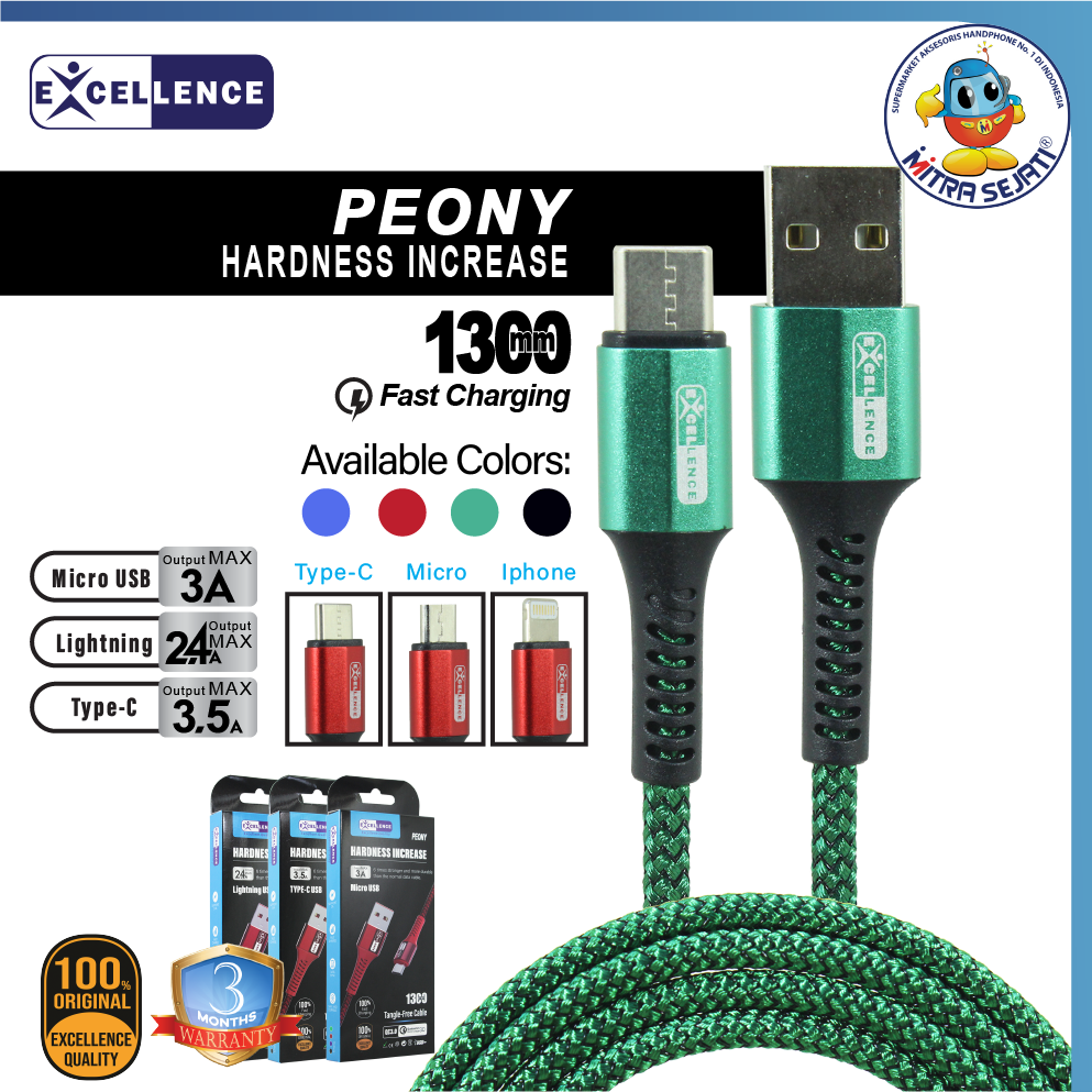Kabel Data Excellence Peony 2.4A For Micro Type C dan Lightning Original Fast Charging