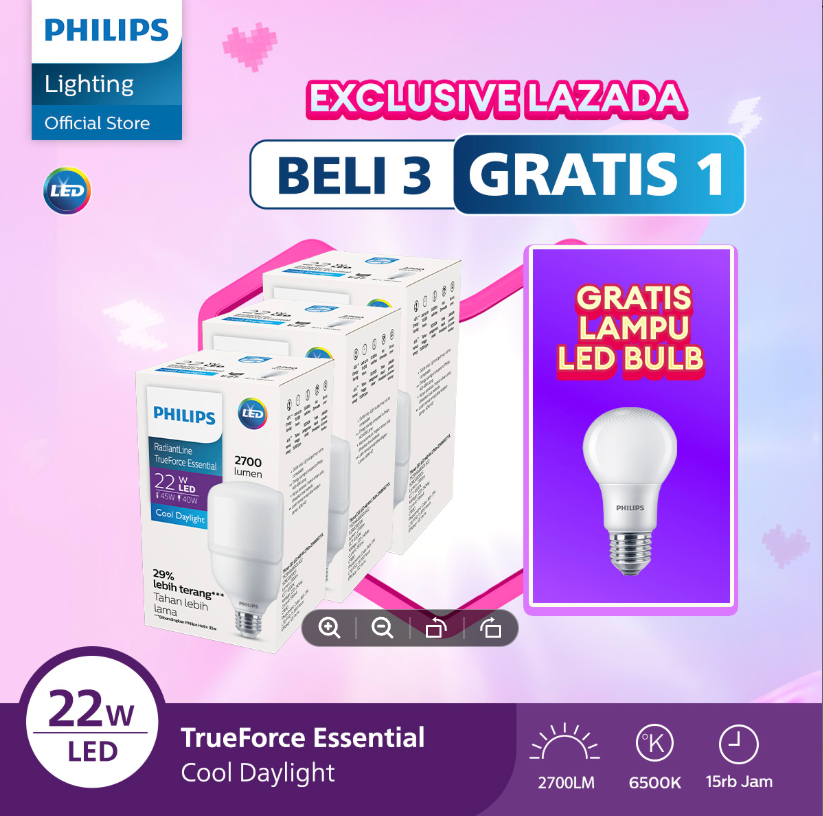 [GRATIS LAMPU] Philips Paket Lampu Lebih Cuan Beli 3 Philips Lampu Radiantline TrueForce 22W Putih GRATIS 1 Lampu LED Bulb