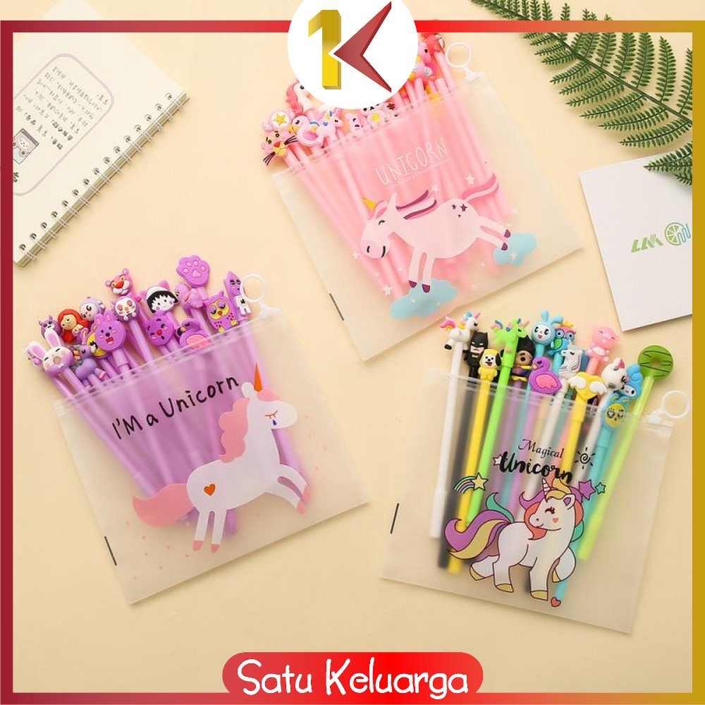 SK-A15 Pulpen Gel Karakter Lucu Set Isi 20PCS Pena FREE Zipper Pouch Tempat Pensil Transparan Murah