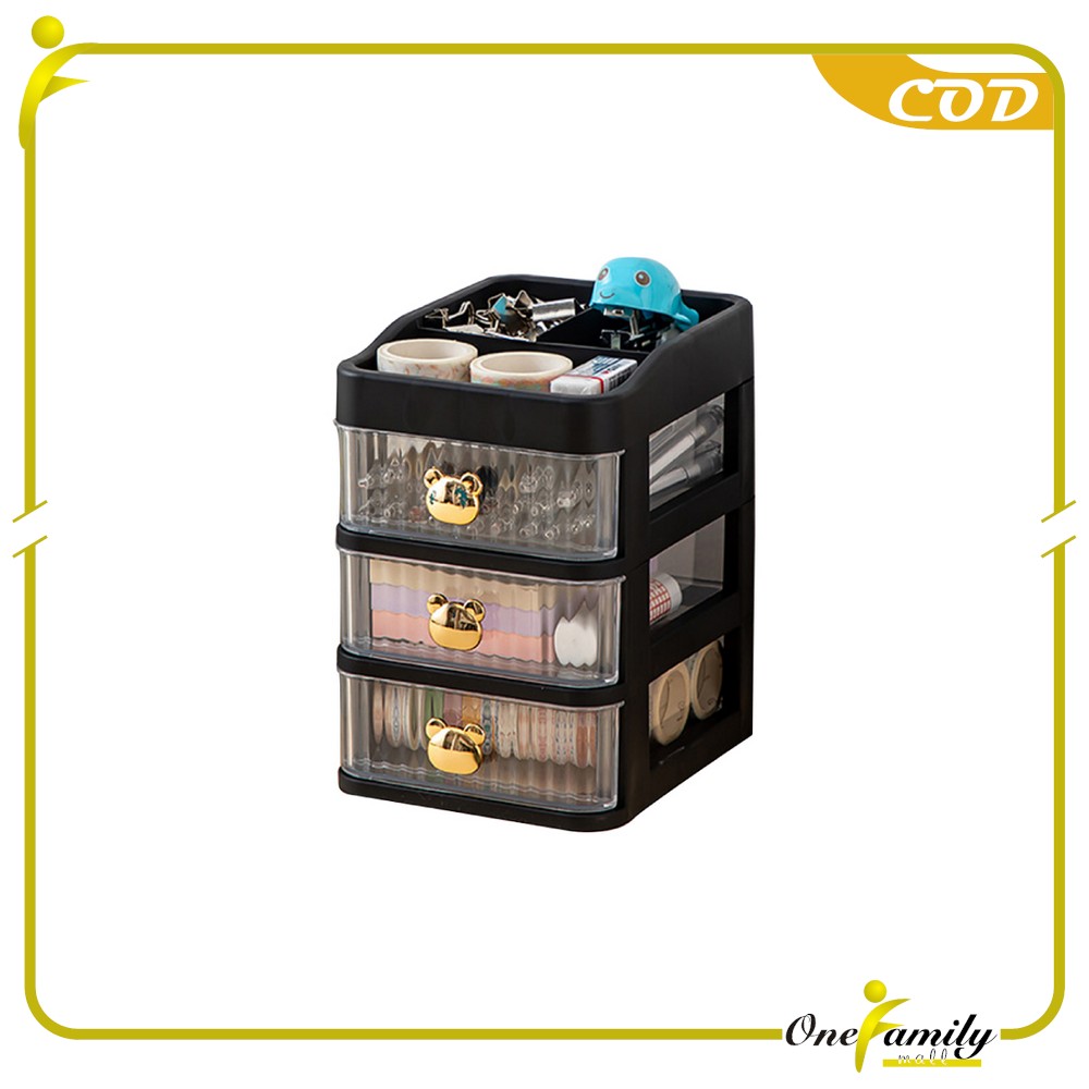ONE-K166 Rak Kosmetik Serbaguna 3 Laci Tempat Make Up Storage Box Bear / Rak Kotak Penyimpanan Alat Tulis / Desktop Drawer Rak Susun Serbaguna / Rak Meja Laci Import