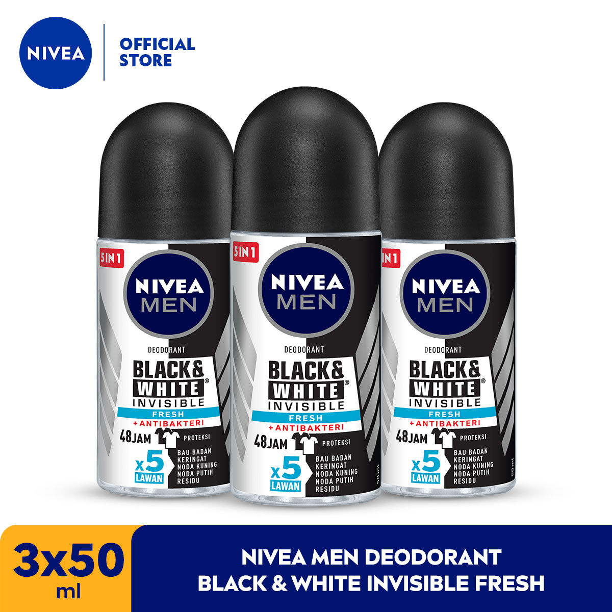 (PAKET HEMAT ISI 3) NIVEA MEN Deodorant Roll On Black & White Invisible Fresh 50ml - Deodoran pri...