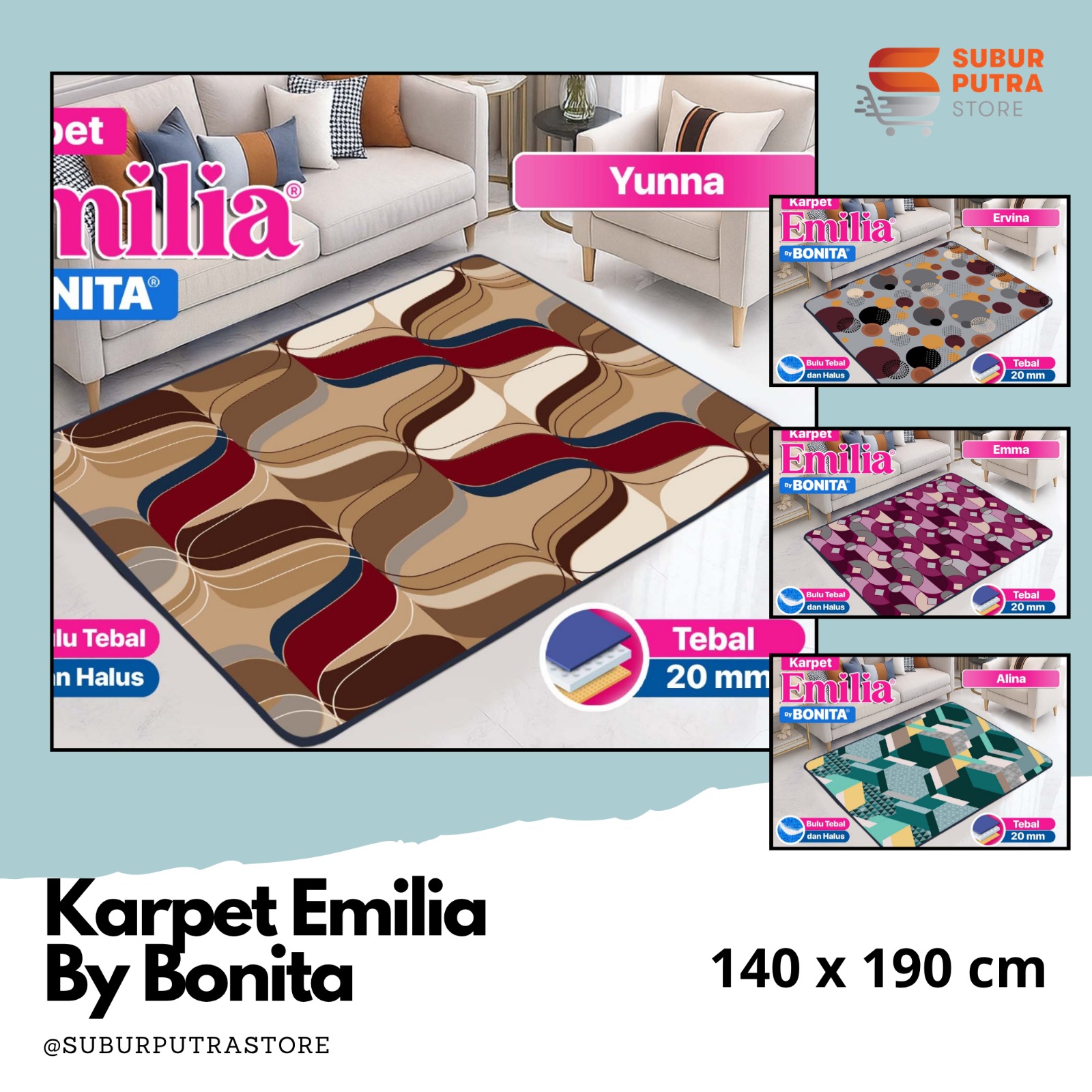Karpet Emilia Bonita 140x190 cm – Tebal 20mm | Busa Empuk 3D | Anti Slip | Varian Motif A