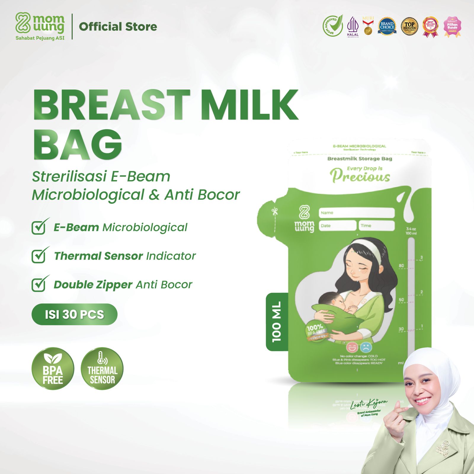 Mom Uung Pre-Sterilized Kantong ASI 100ml isi 30 Lembar / Breastmilk Bag 100ml Double Zipper / Ada Indikator Suhu / Permukaan Mudah Ditulis